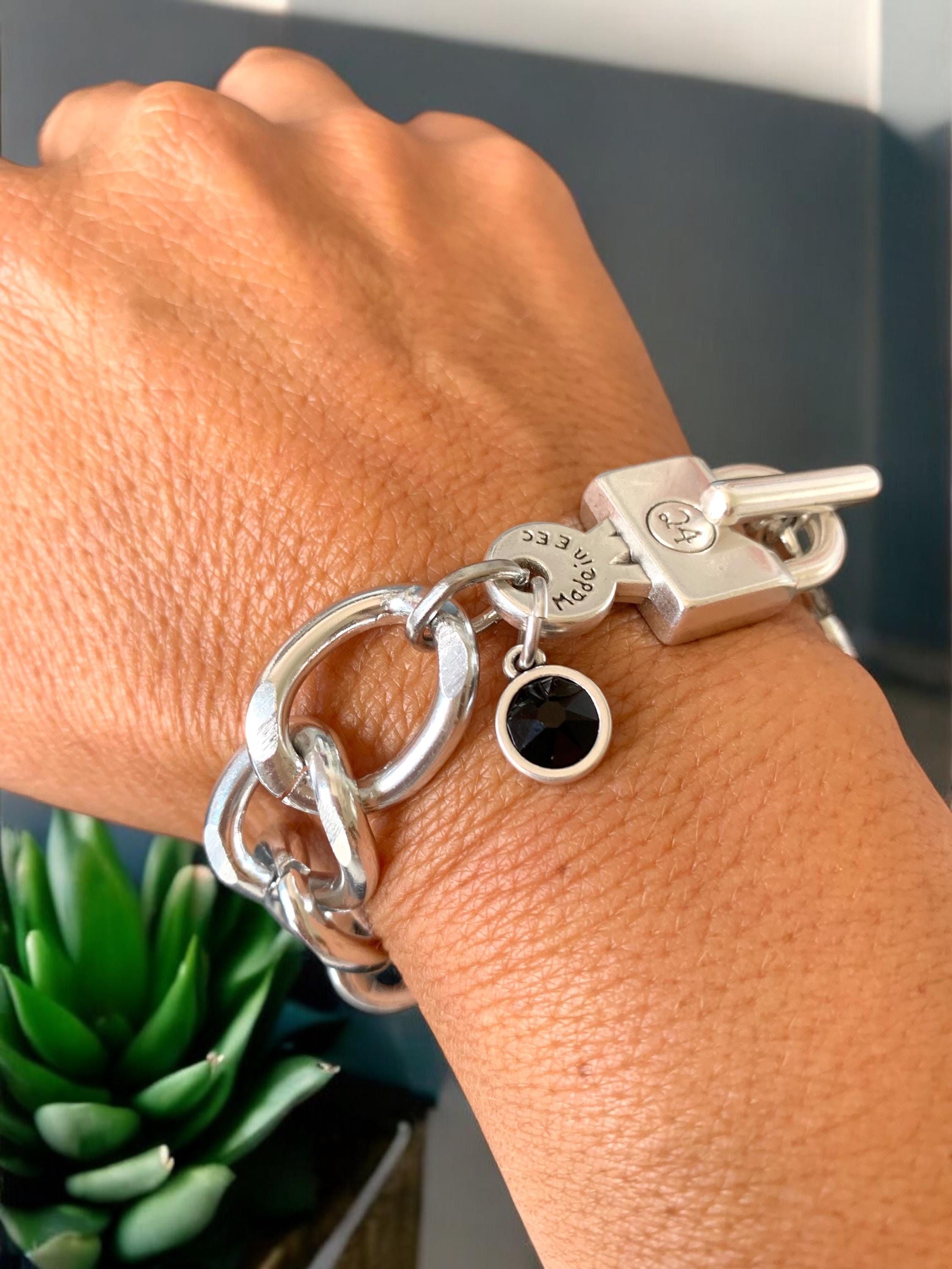 Chunky Cuban Chain Bracelet with Padlock Toggle Clasp & Swarovski Charm – Lightweight Aluminum – Custom Fit – 8 Crystal Colors