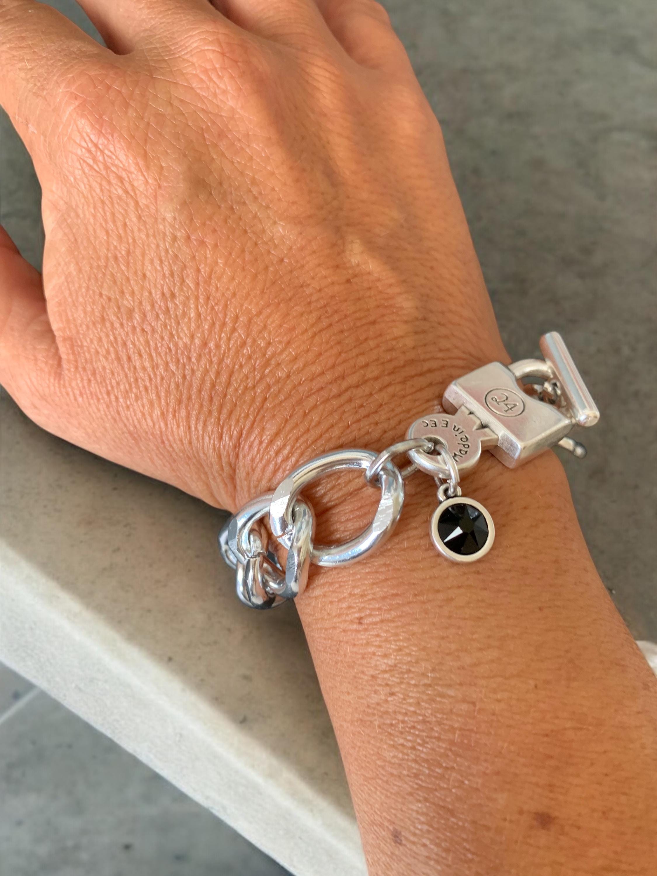 Chunky Cuban Chain Bracelet with Padlock Toggle Clasp & Swarovski Charm – Lightweight Aluminum – Custom Fit – 8 Crystal Colors