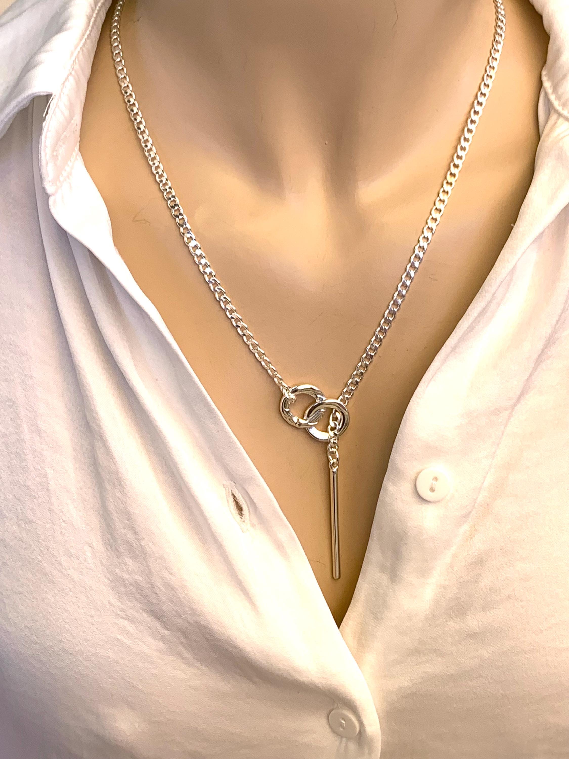 lariat necklace, silver chain Y necklace, long bar pendant lariat necklace, dangling pendant necklace, uno de 50 style, gift for women