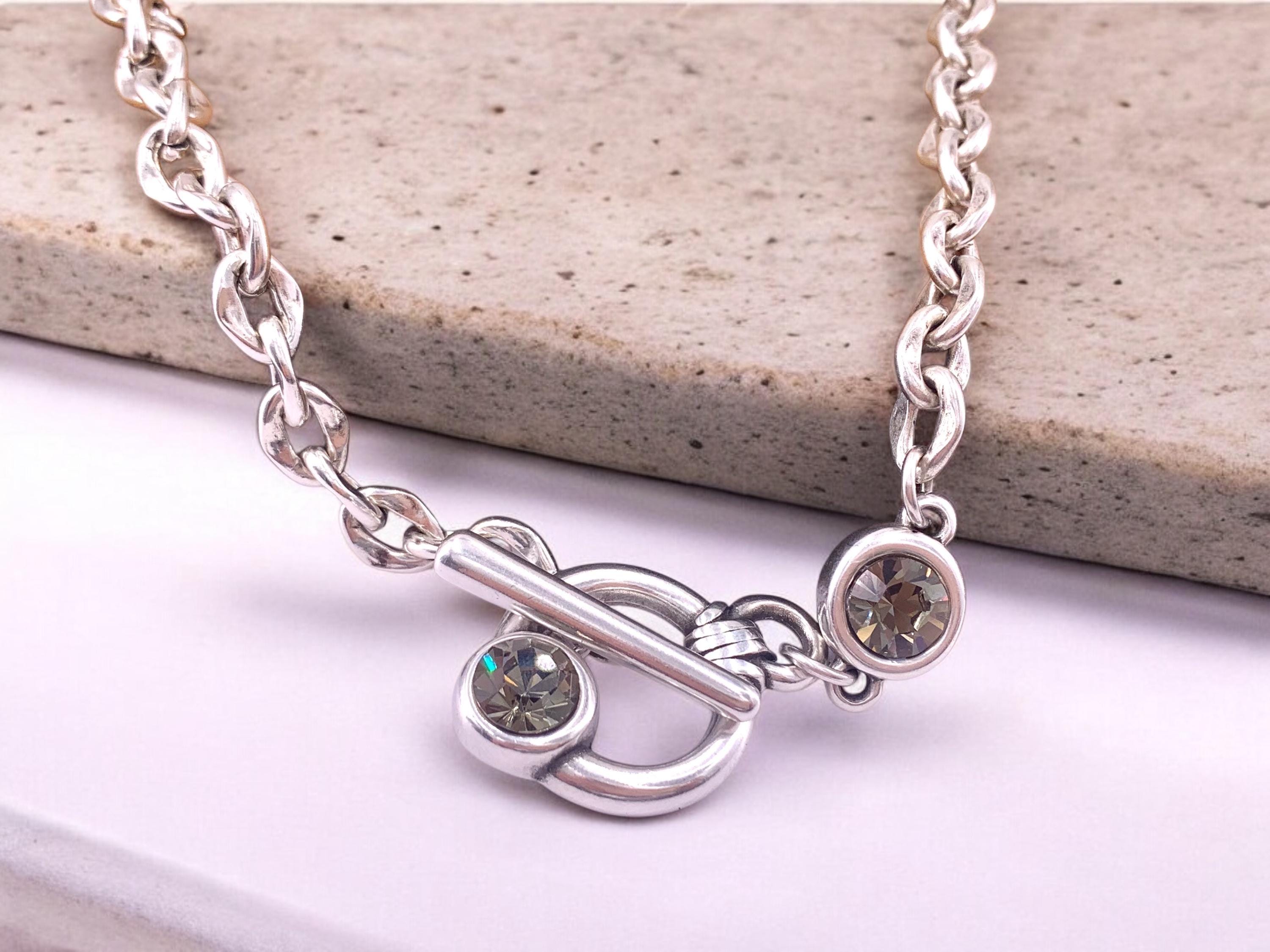 Chunky Silver Chain Necklace with Swarovski Toggle Clasp – Bold Choker – Custom Length – 17 Crystal Colors