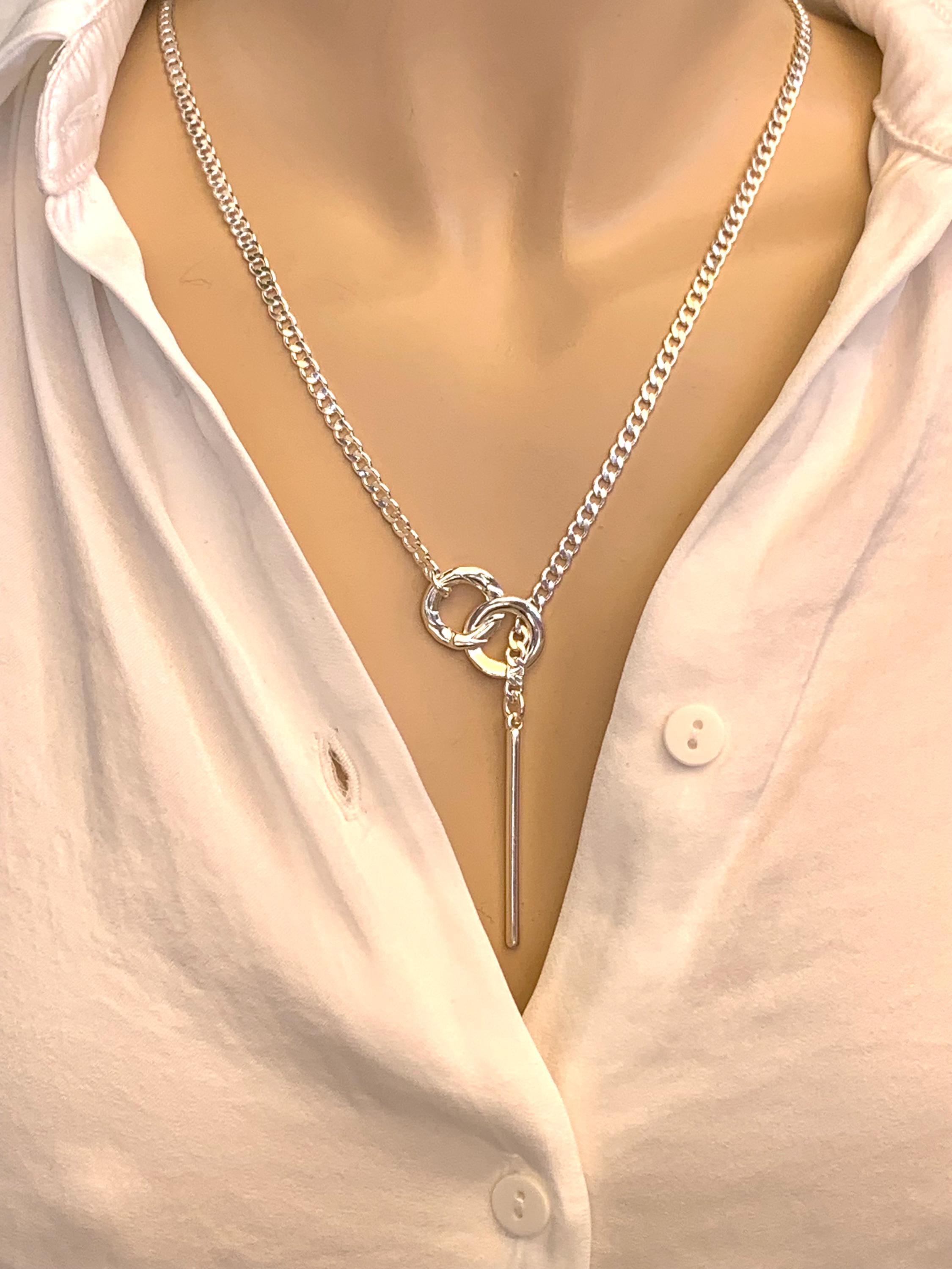 lariat necklace, silver chain Y necklace, long bar pendant lariat necklace, dangling pendant necklace, uno de 50 style, gift for women