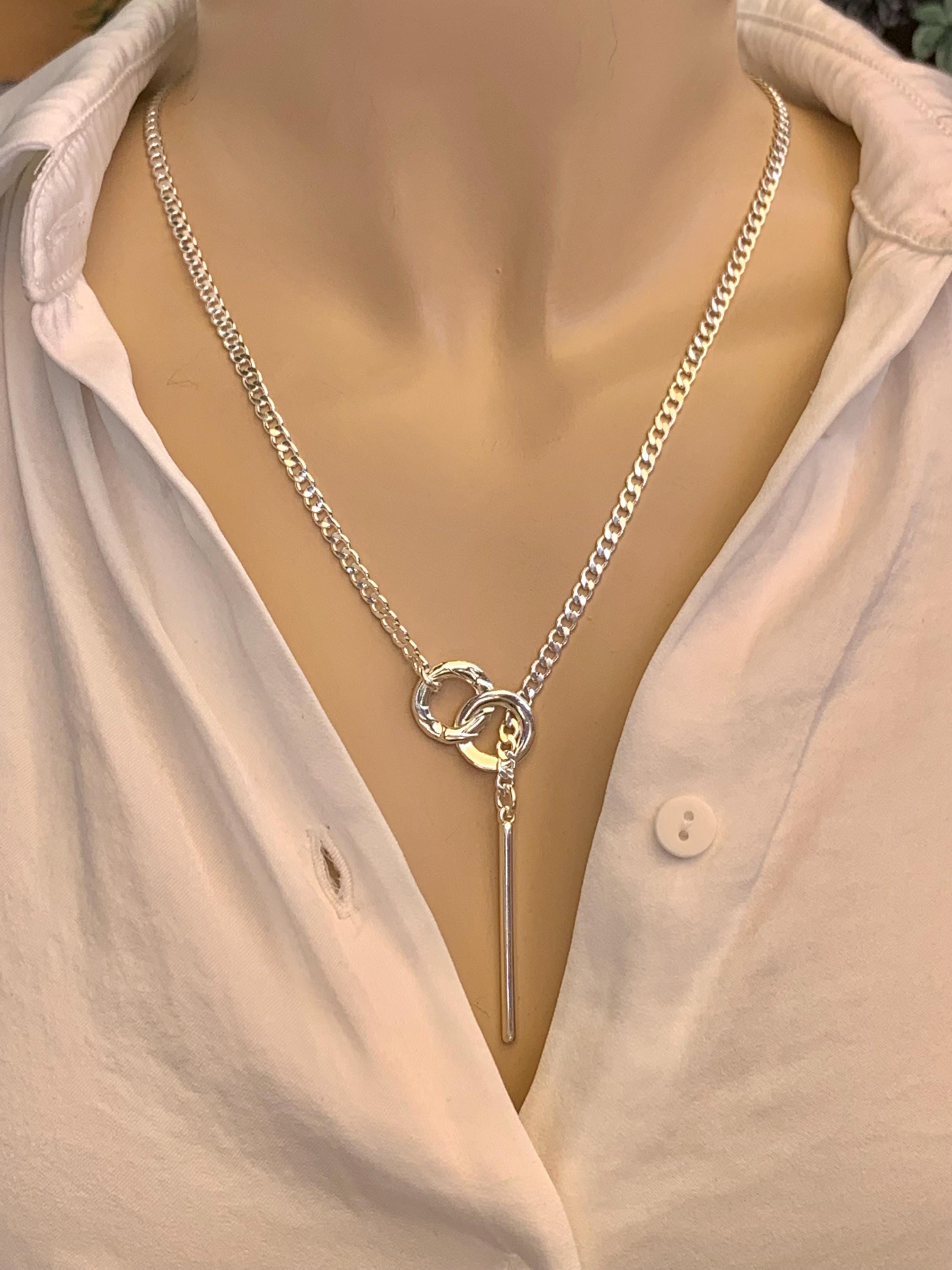 lariat necklace, silver chain Y necklace, long bar pendant lariat necklace, dangling pendant necklace, uno de 50 style, gift for women