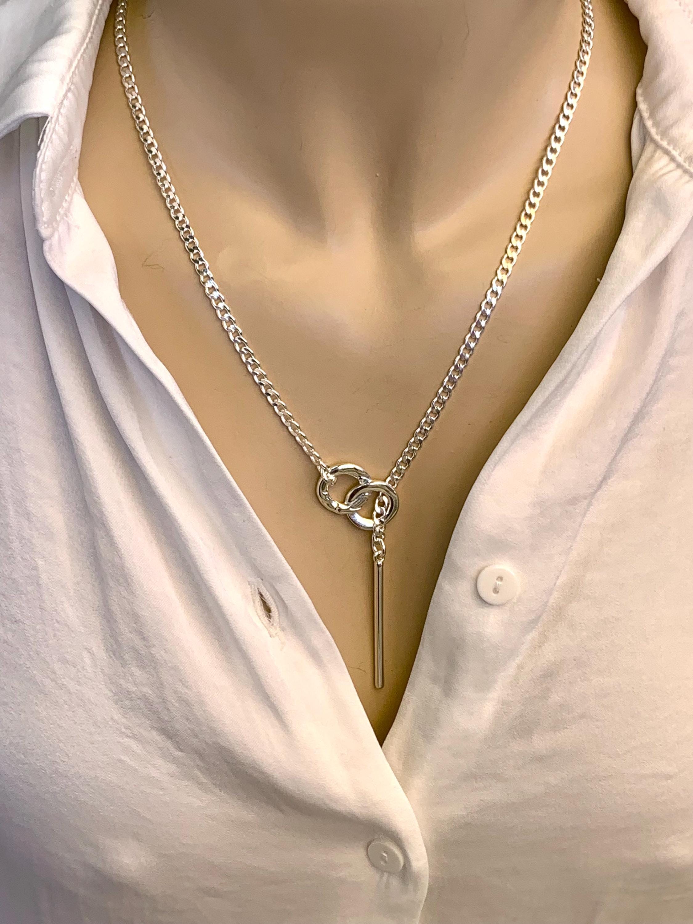 lariat necklace, silver chain Y necklace, long bar pendant lariat necklace, dangling pendant necklace, uno de 50 style, gift for women