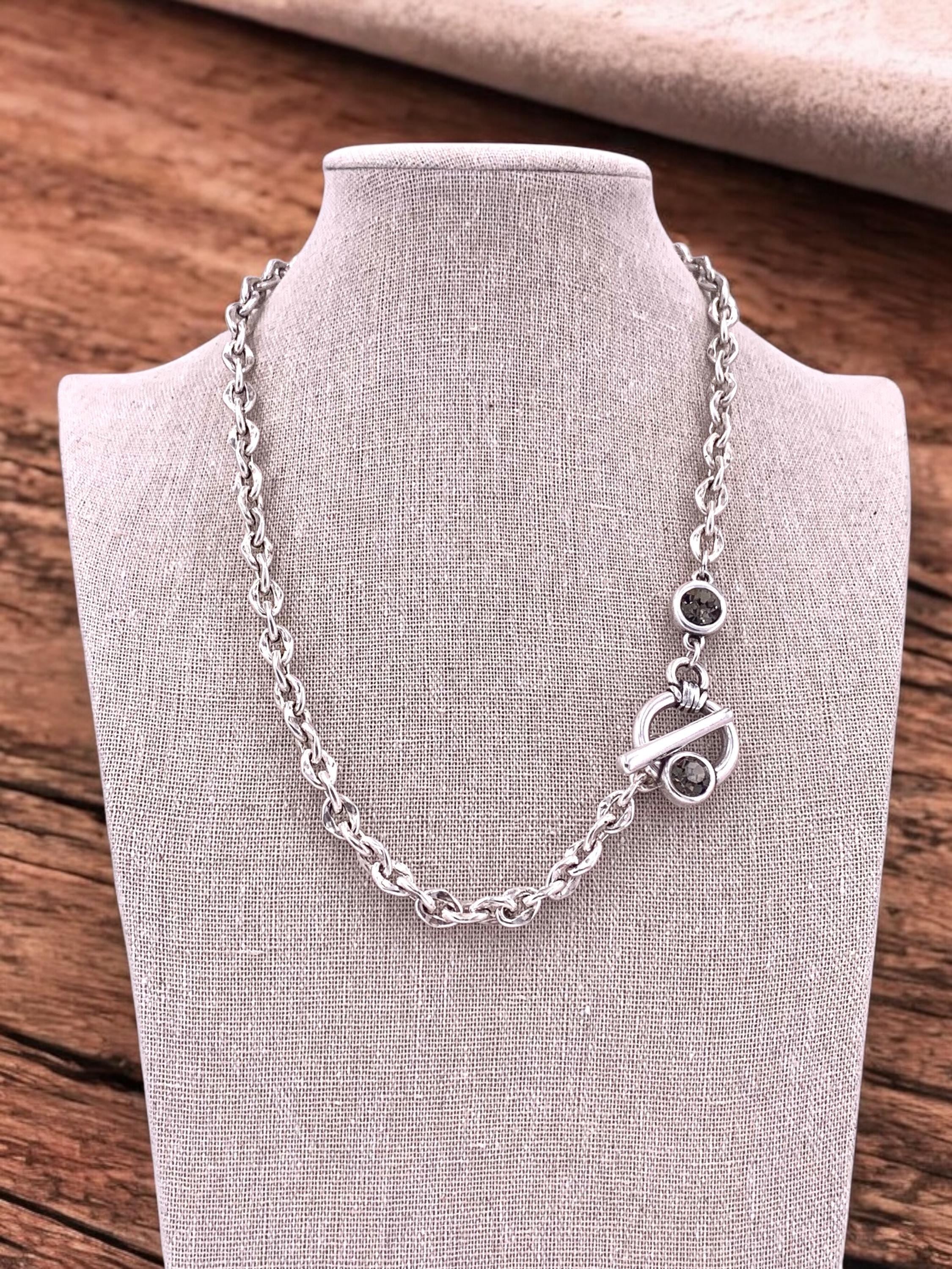 Chunky Silver Chain Necklace with Swarovski Toggle Clasp – Bold Choker – Custom Length – 17 Crystal Colors