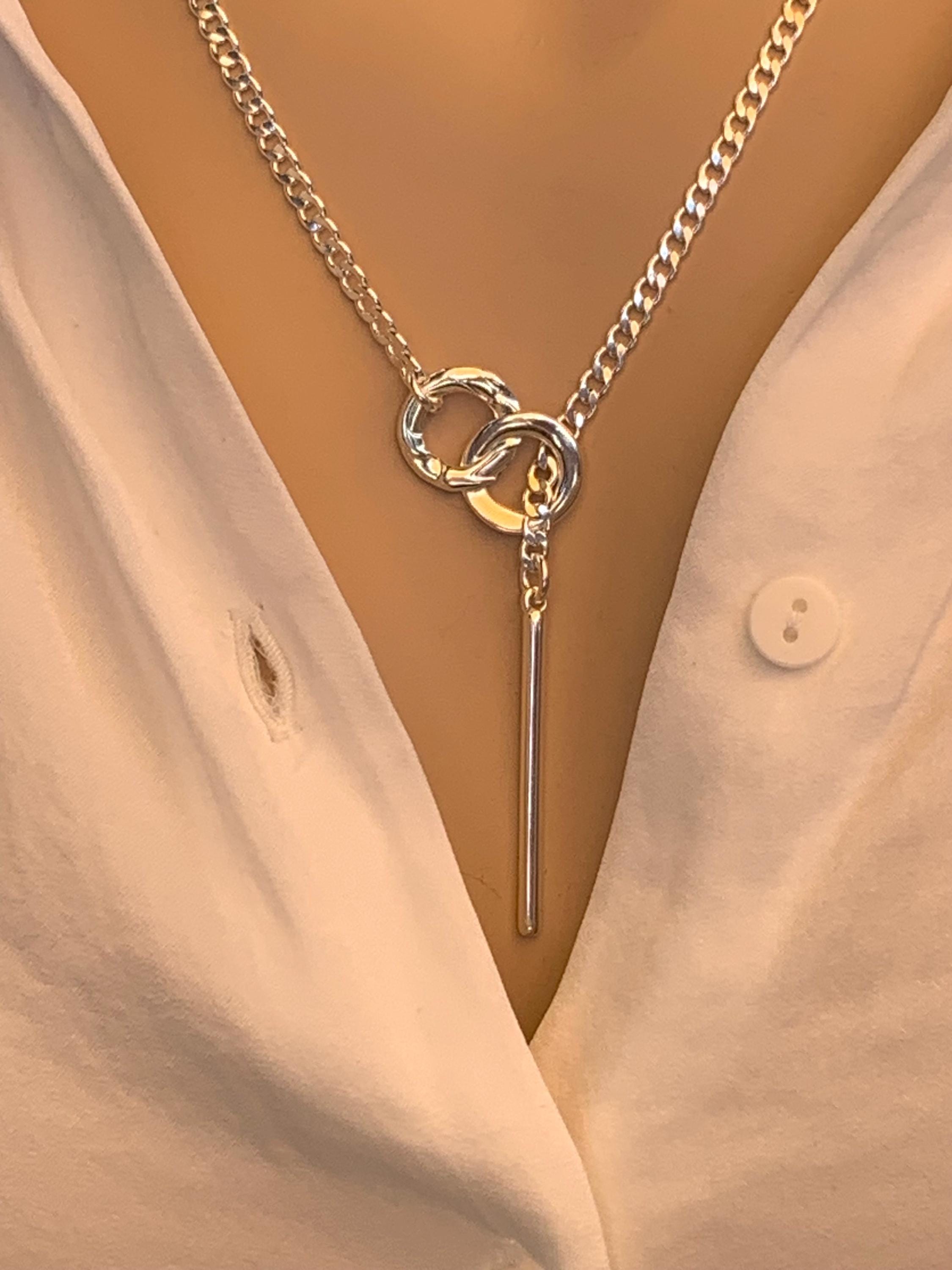 lariat necklace, silver chain Y necklace, long bar pendant lariat necklace, dangling pendant necklace, uno de 50 style, gift for women