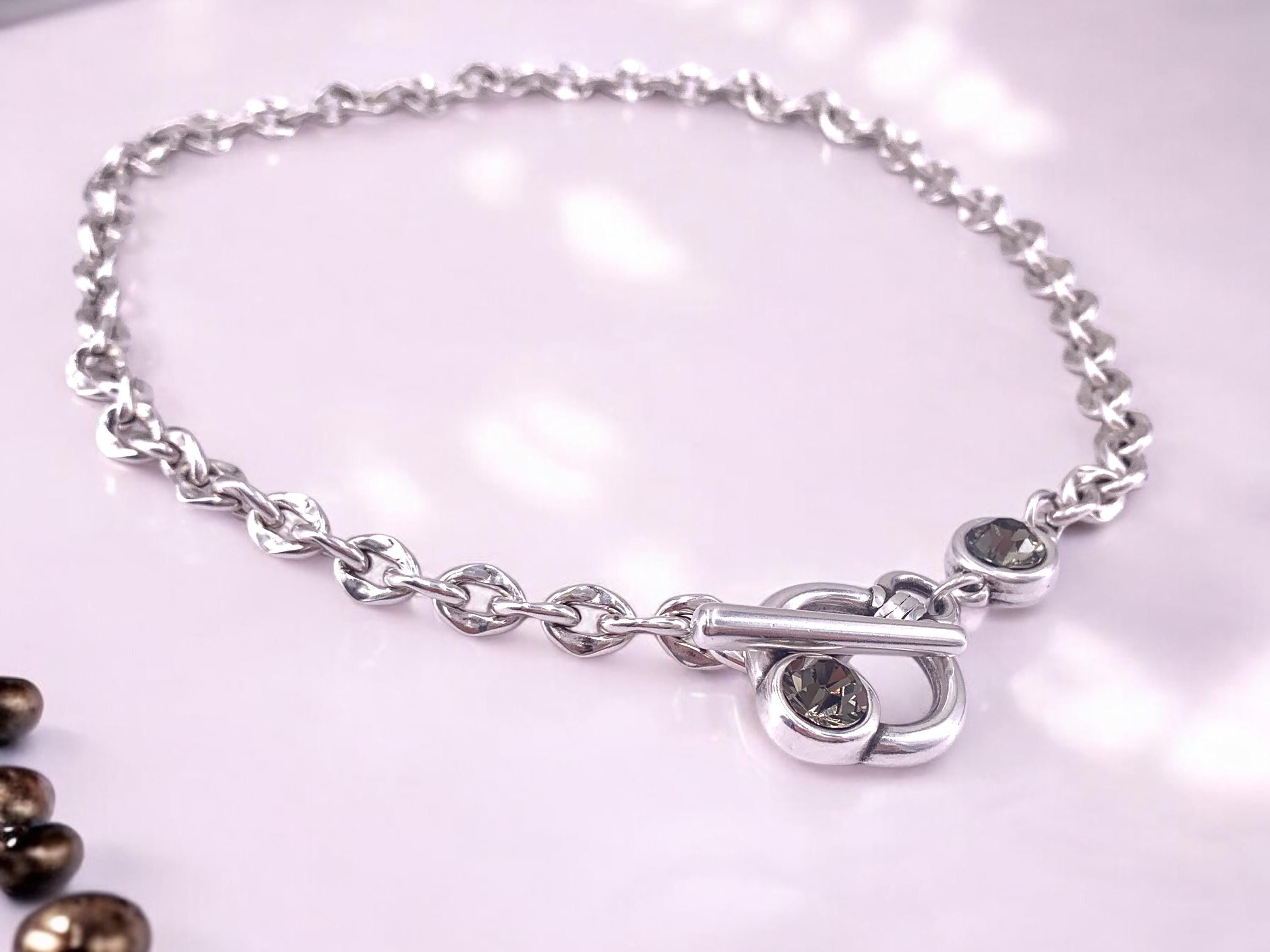 Chunky Silver Chain Necklace with Swarovski Toggle Clasp – Bold Choker – Custom Length – 17 Crystal Colors