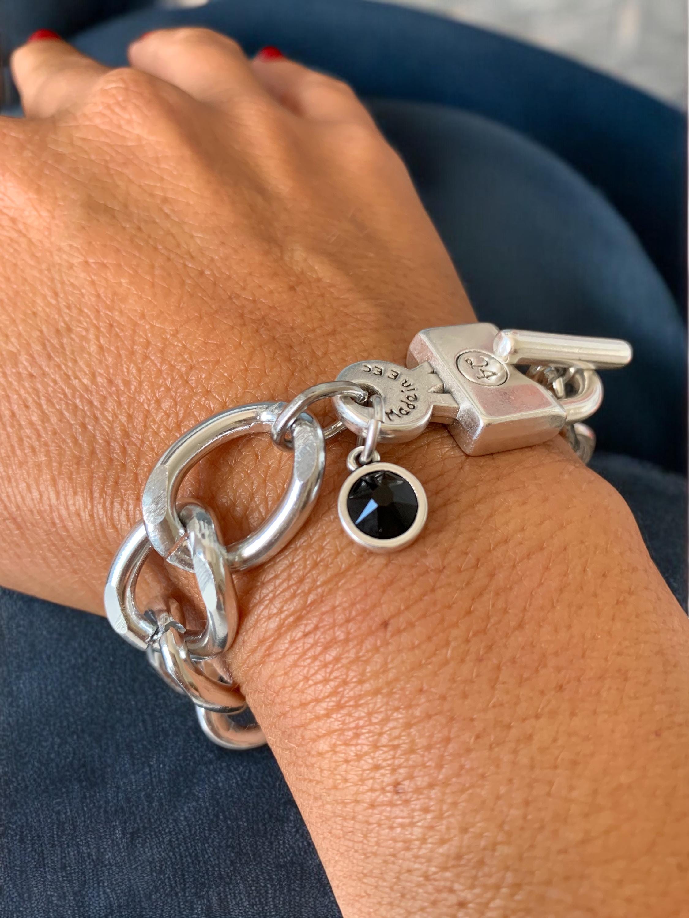 Chunky Cuban Chain Bracelet with Padlock Toggle Clasp & Swarovski Charm – Lightweight Aluminum – Custom Fit – 8 Crystal Colors