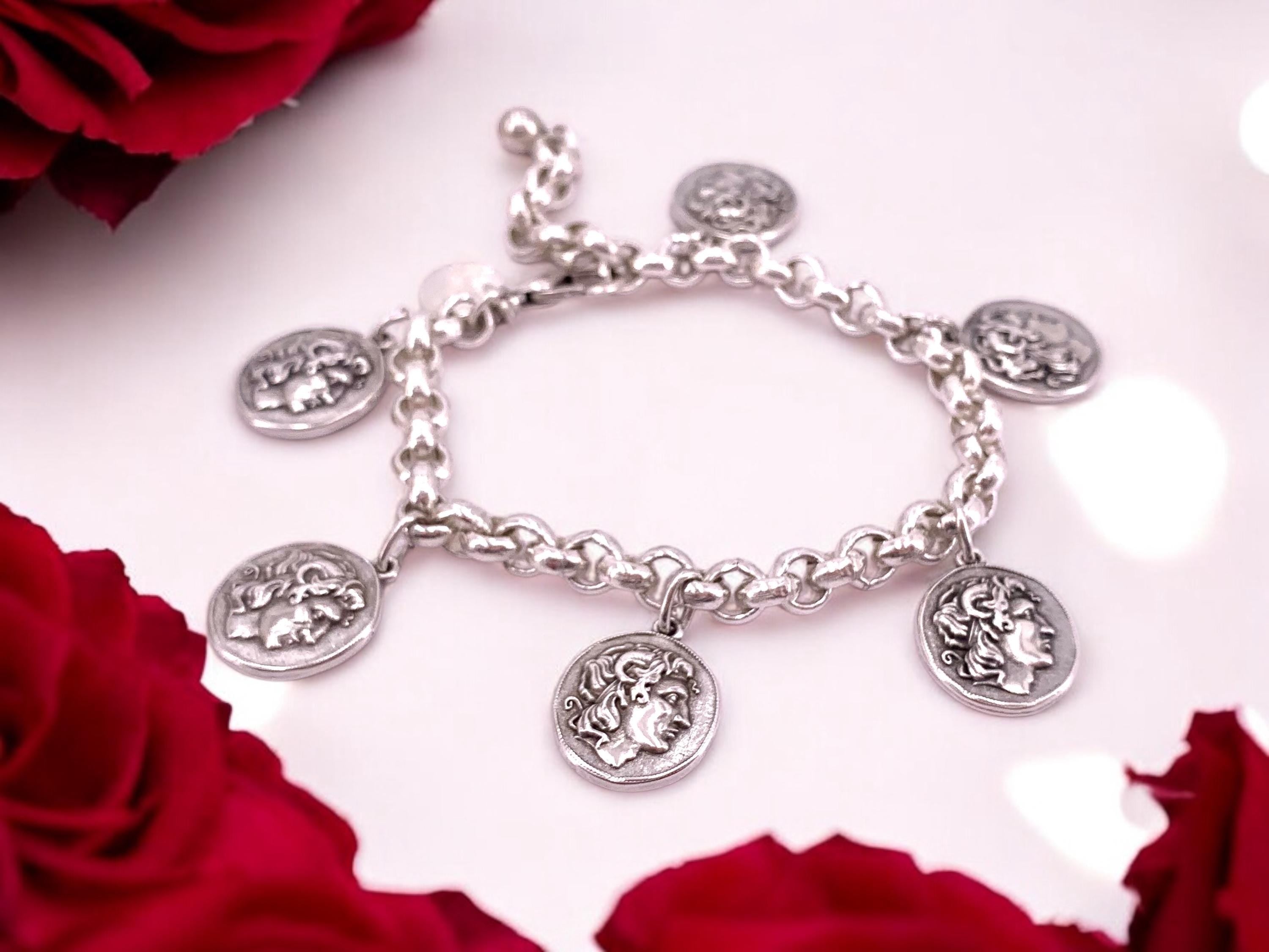 Greek coins pendant chain bracelet for women, dangle coins bracelet, Alexander the great bracelet, Alexander the great, Wife gift.