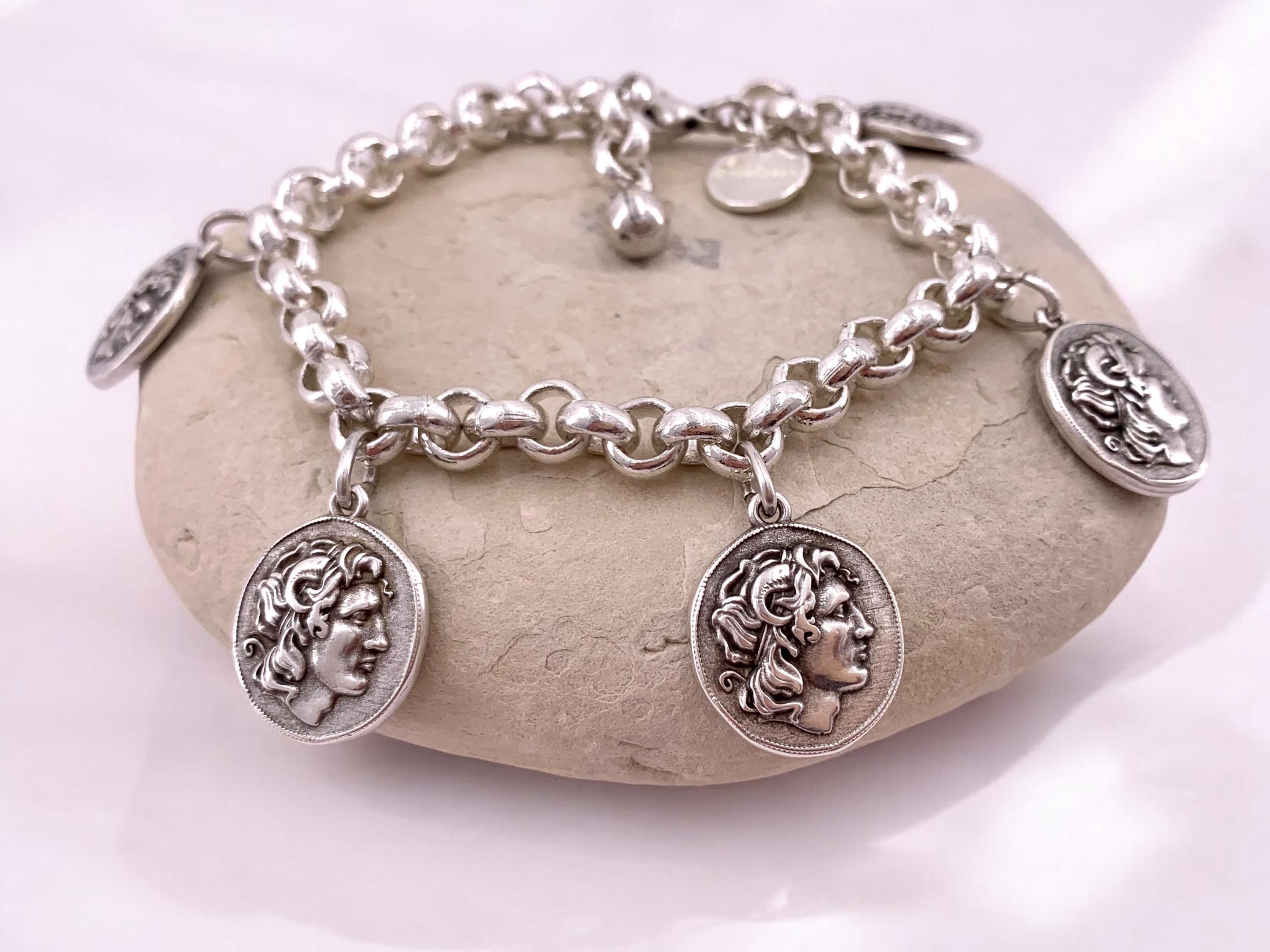 Greek coins pendant chain bracelet for women, dangle coins bracelet, Alexander the great bracelet, Alexander the great, Wife gift.