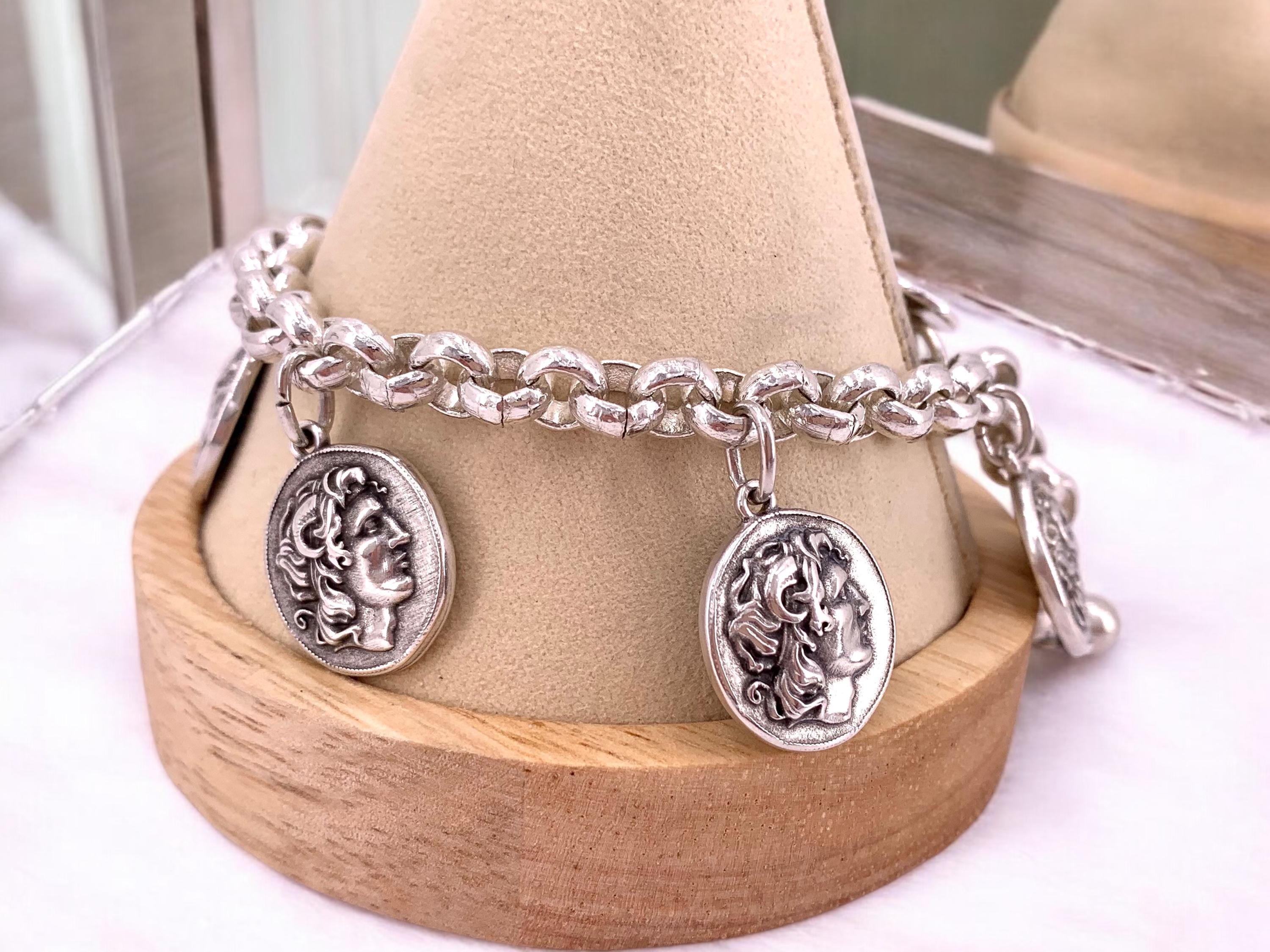 Greek coins pendant chain bracelet for women, dangle coins bracelet, Alexander the great bracelet, Alexander the great, Wife gift.