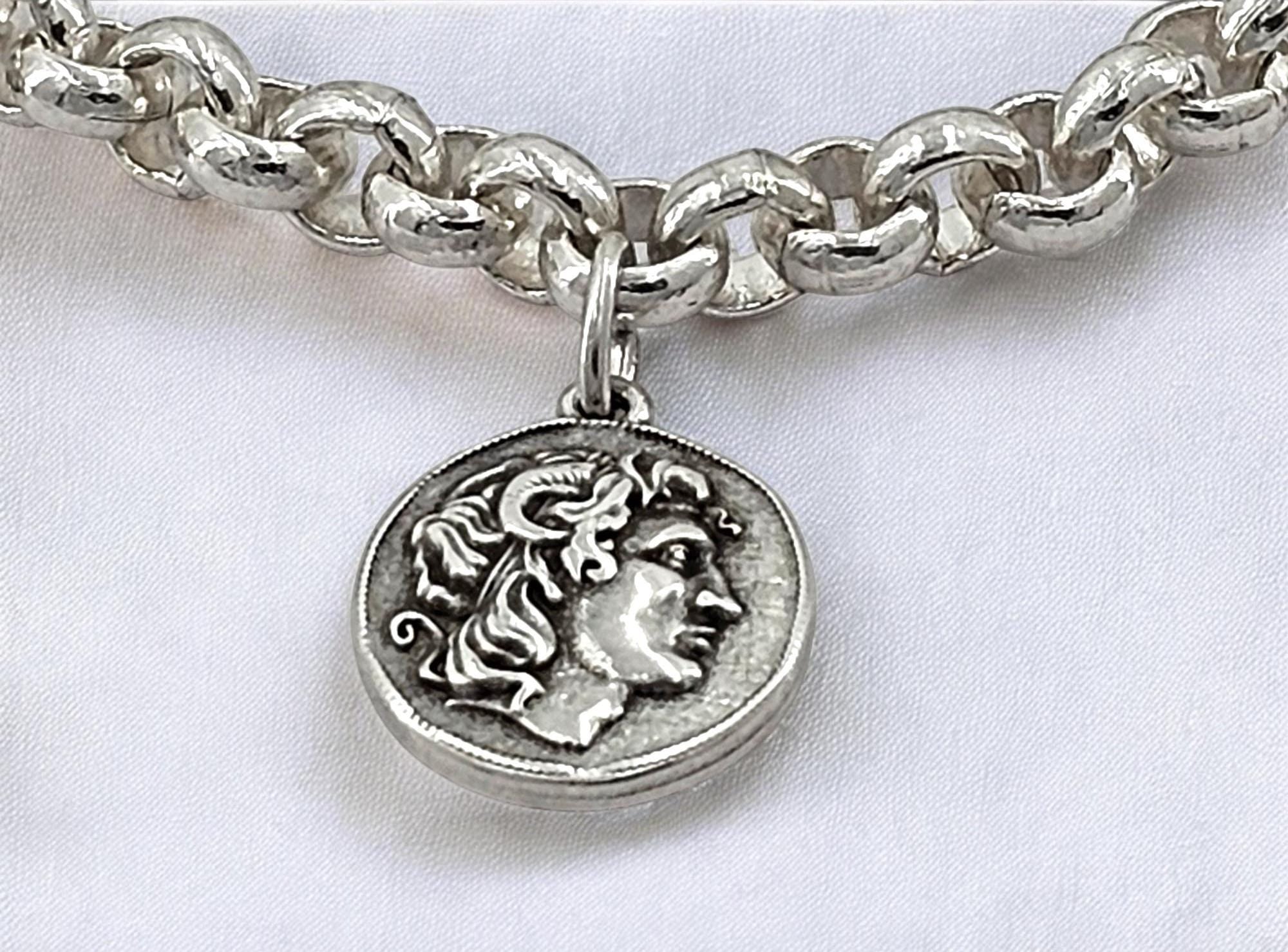 Greek coins pendant chain bracelet for women, dangle coins bracelet, Alexander the great bracelet, Alexander the great, Wife gift.