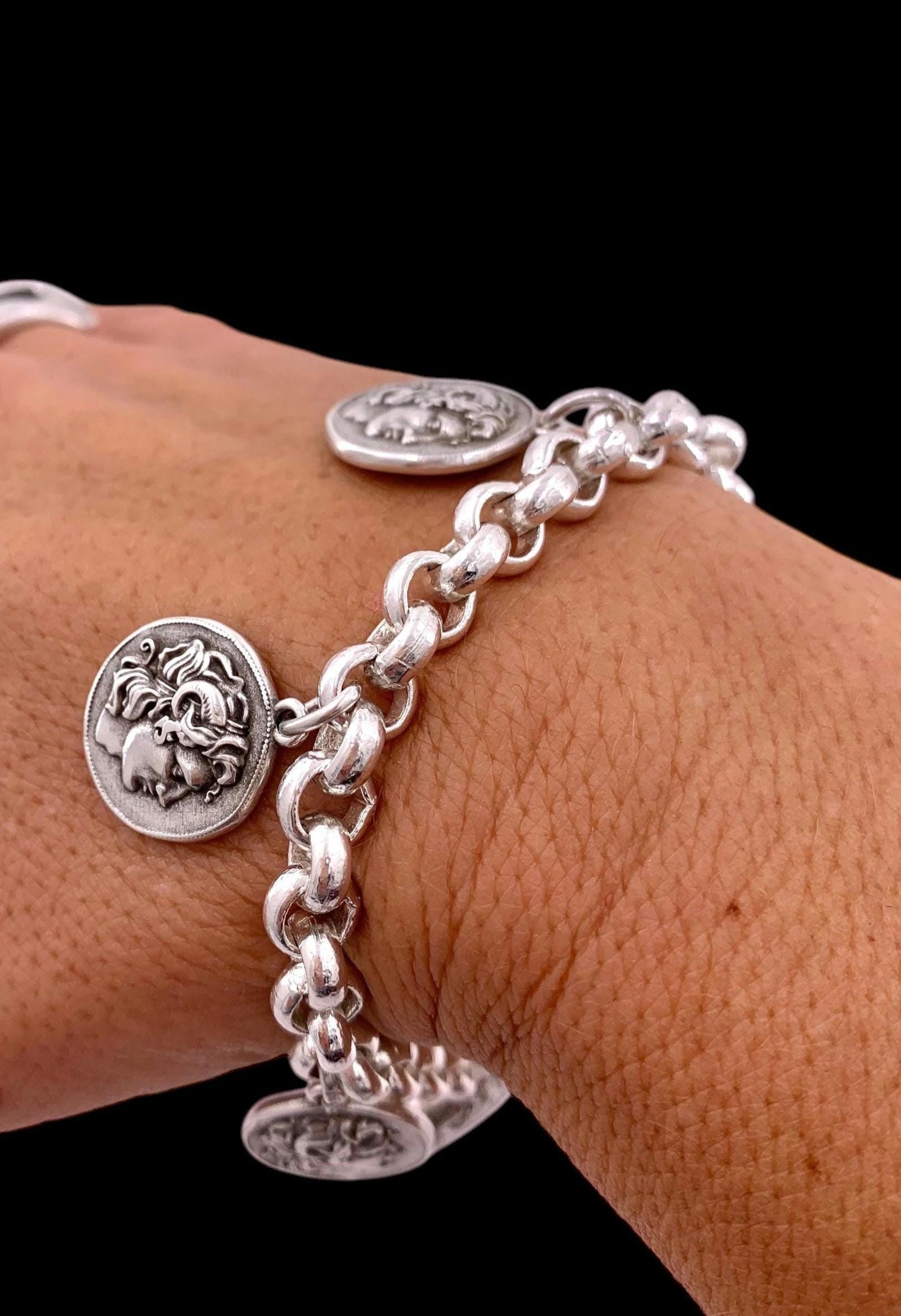 Greek coins pendant chain bracelet for women, dangle coins bracelet, Alexander the great bracelet, Alexander the great, Wife gift.