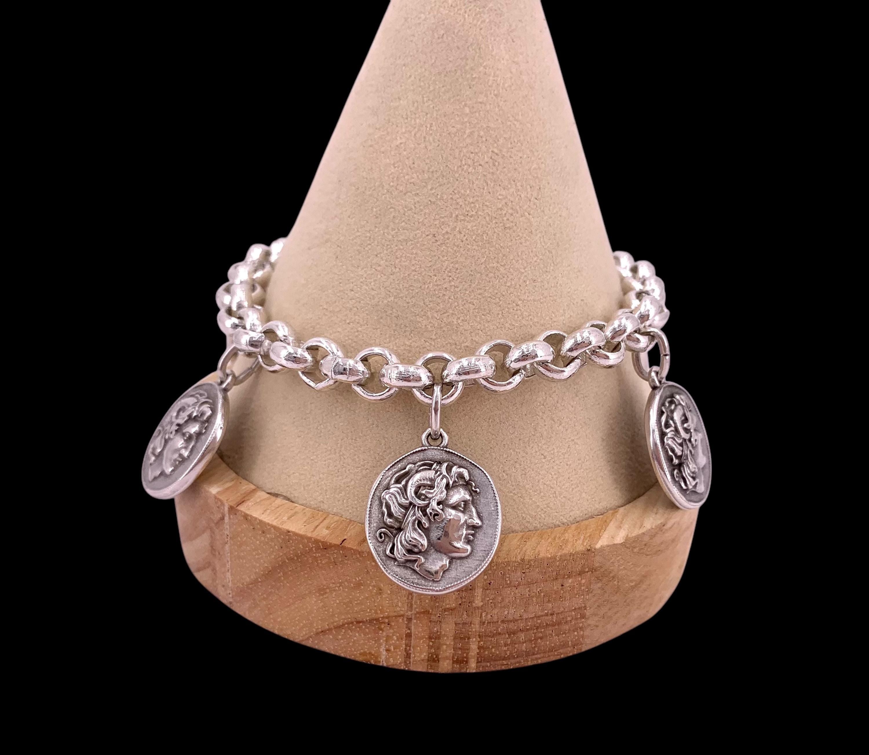 Greek coins pendant chain bracelet for women, dangle coins bracelet, Alexander the great bracelet, Alexander the great, Wife gift.