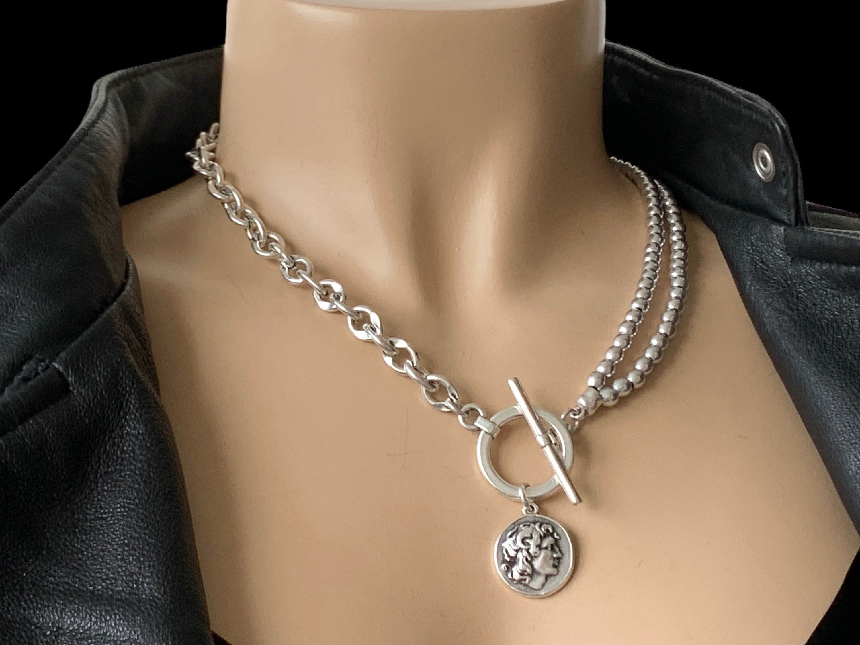 chunky silver necklace, coin pendant necklace, bold chain choker, chunky beaded dangle necklace, toggle clasp choker, style,