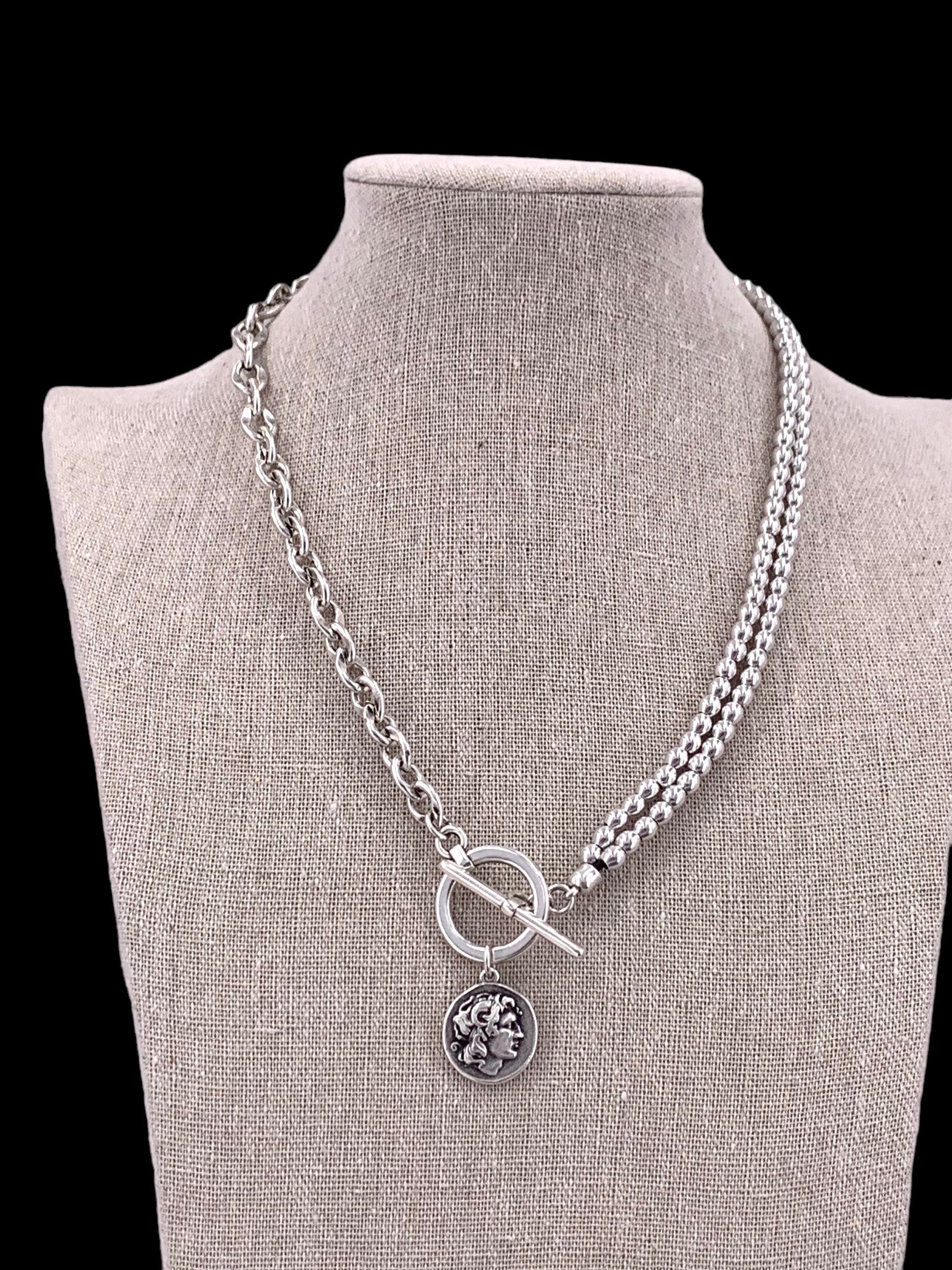chunky silver necklace, coin pendant necklace, bold chain choker, chunky beaded dangle necklace, toggle clasp choker, style,