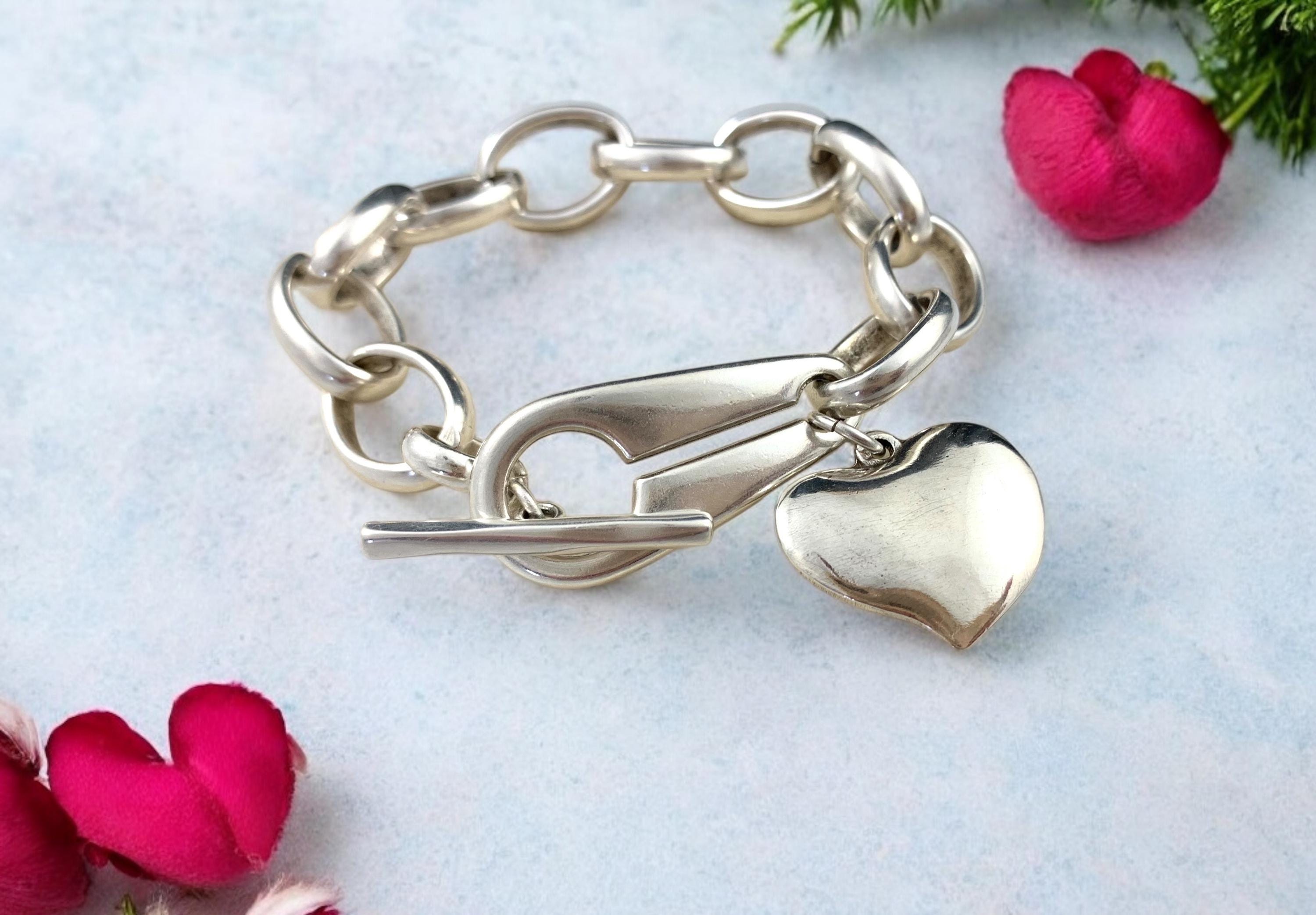 Chunky silver bracelet, heart toggle bracelet, thick chain bracelet, heart pendant bracelet, solid chain bracelet, heavy chain bracelet