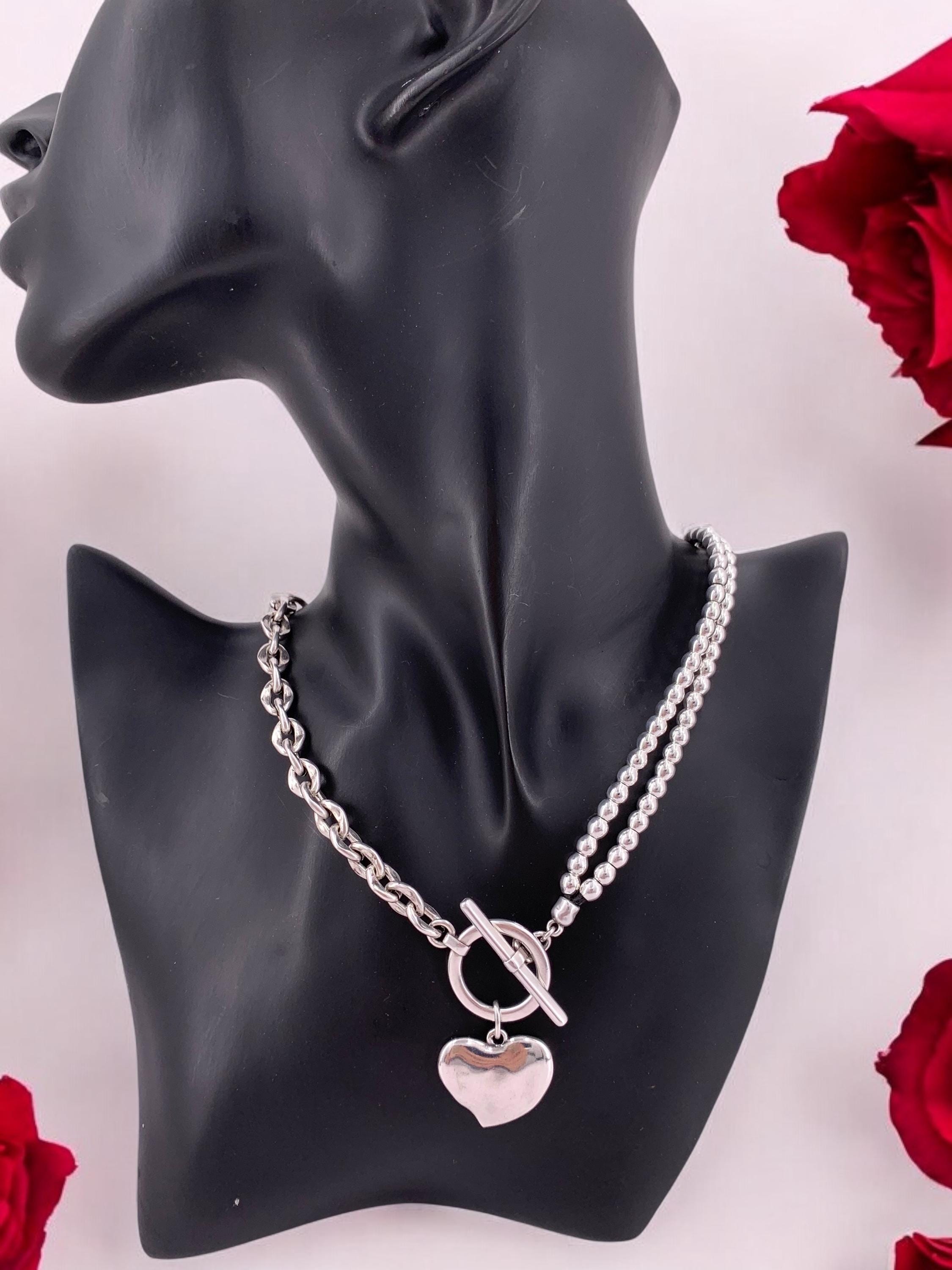 chunky silver necklace, coin pendant necklace, bold chain choker, chunky beaded dangle necklace, toggle clasp choker, style,
