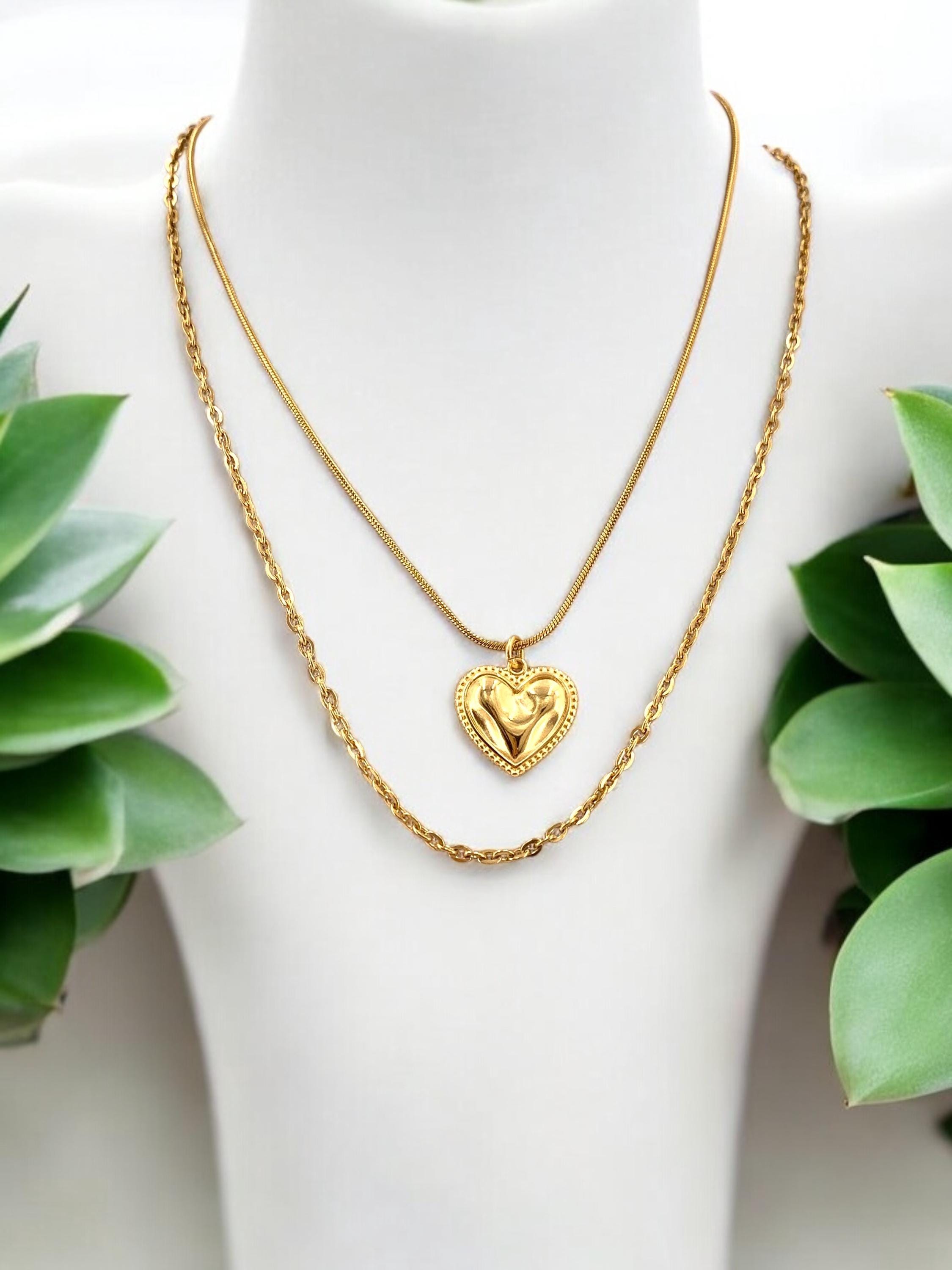 Double strand hammered heart pendant necklace, gold layering necklace, double layer gold chain necklace, bohemian necklace, gift for women