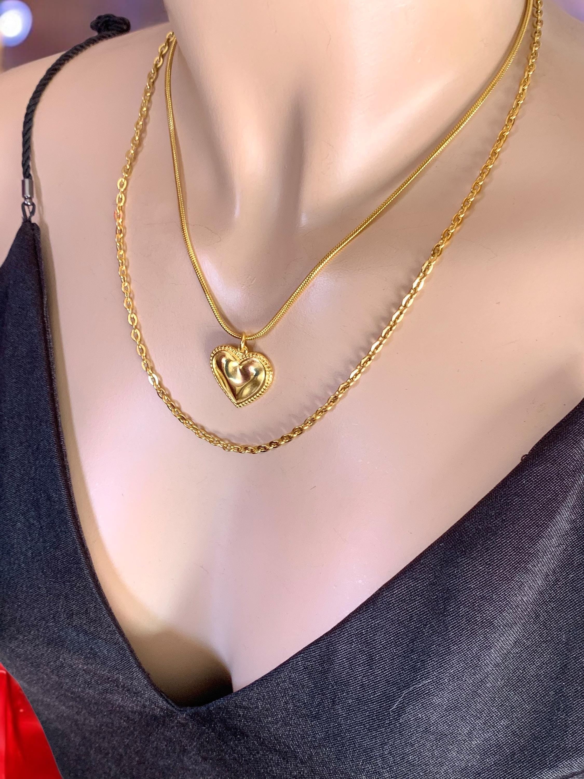 Double strand hammered heart pendant necklace, gold layering necklace, double layer gold chain necklace, bohemian necklace, gift for women