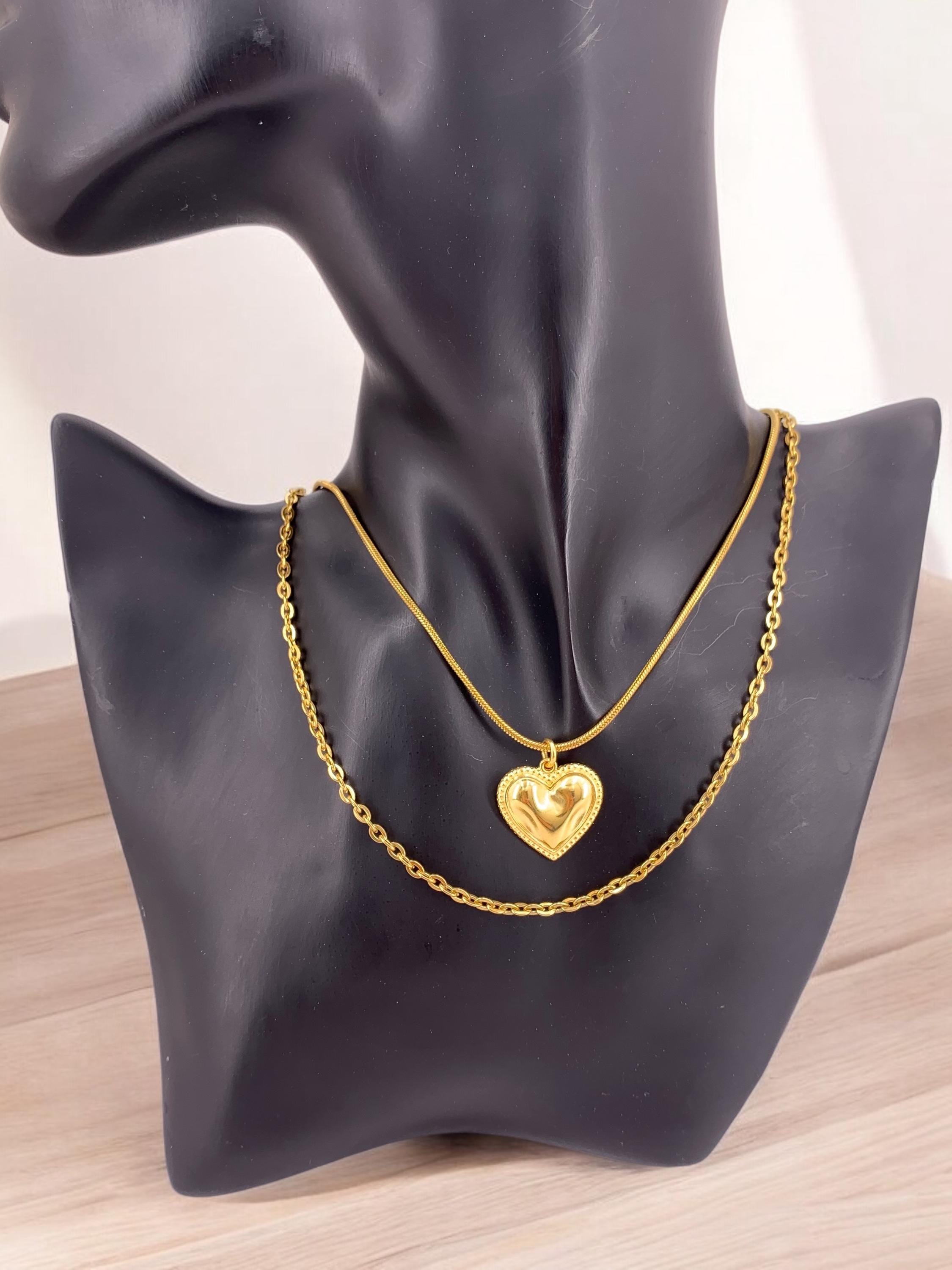 Double strand hammered heart pendant necklace, gold layering necklace, double layer gold chain necklace, bohemian necklace, gift for women