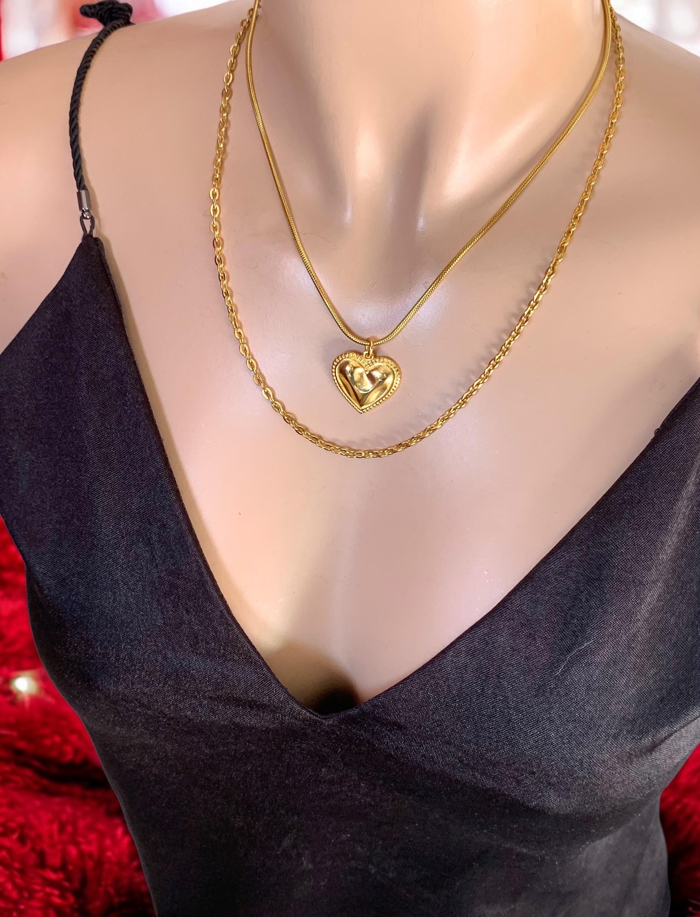 Double strand hammered heart pendant necklace, gold layering necklace, double layer gold chain necklace, bohemian necklace, gift for women