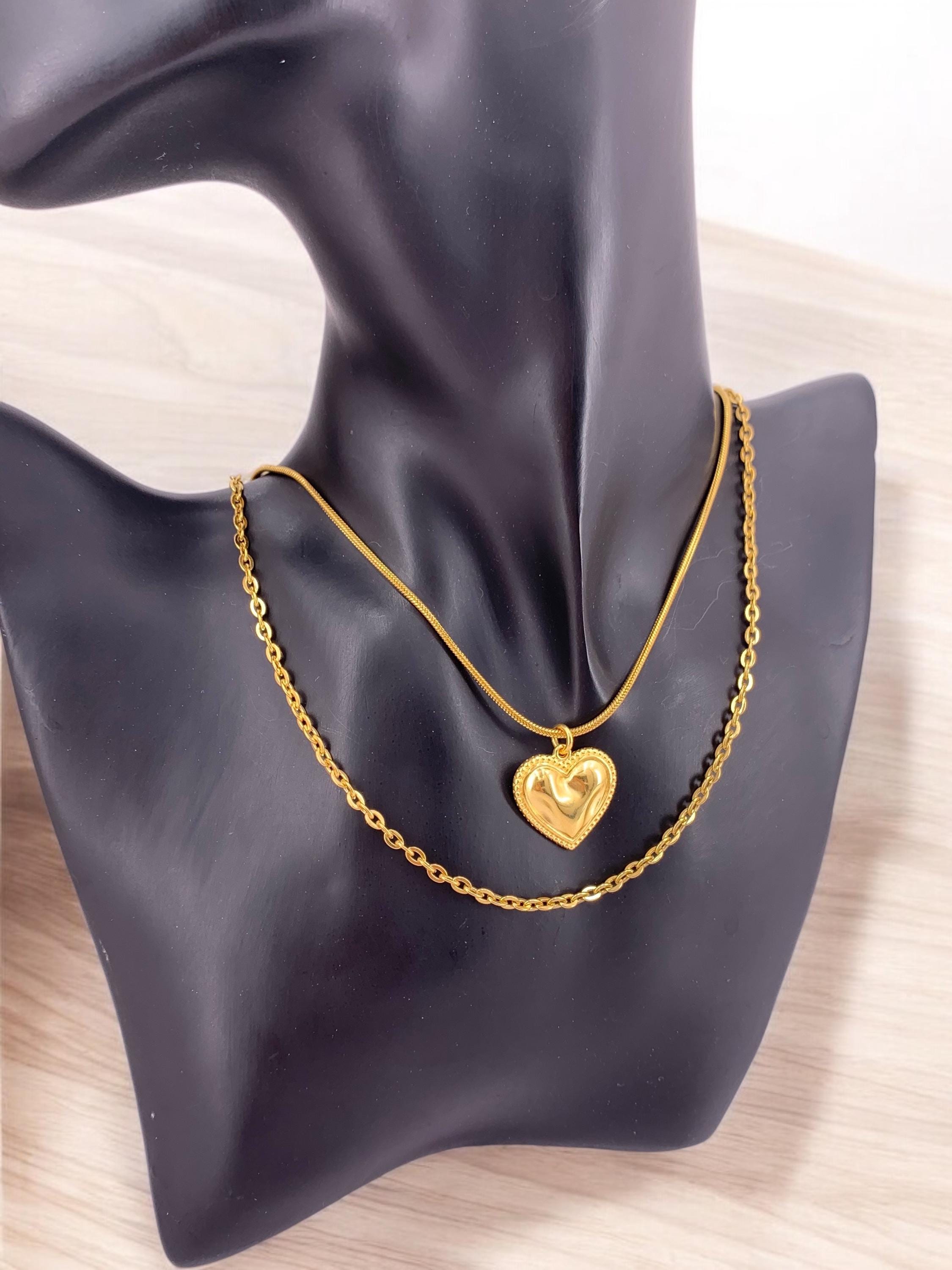 Double strand hammered heart pendant necklace, gold layering necklace, double layer gold chain necklace, bohemian necklace, gift for women