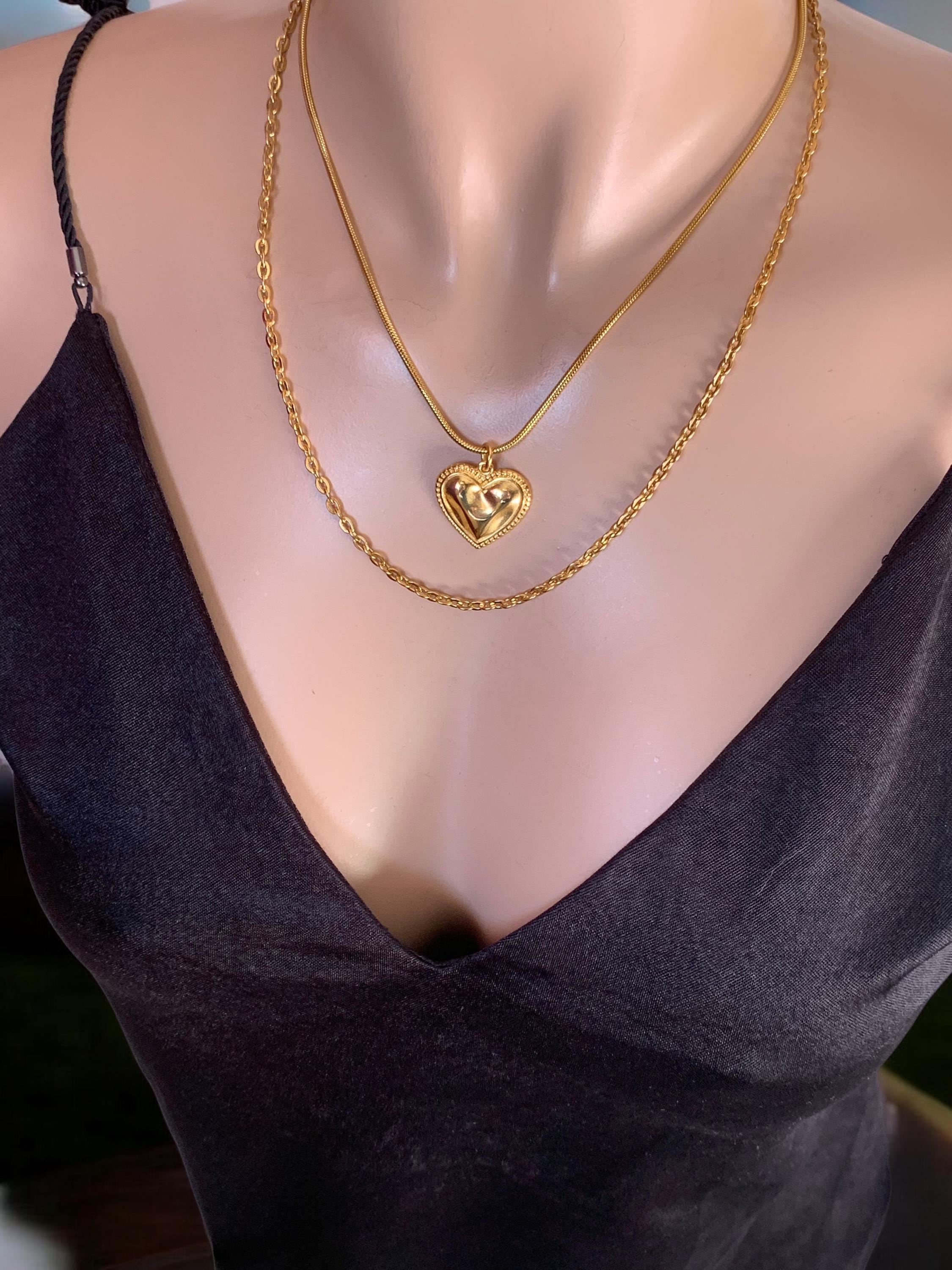 Double strand hammered heart pendant necklace, gold layering necklace, double layer gold chain necklace, bohemian necklace, gift for women