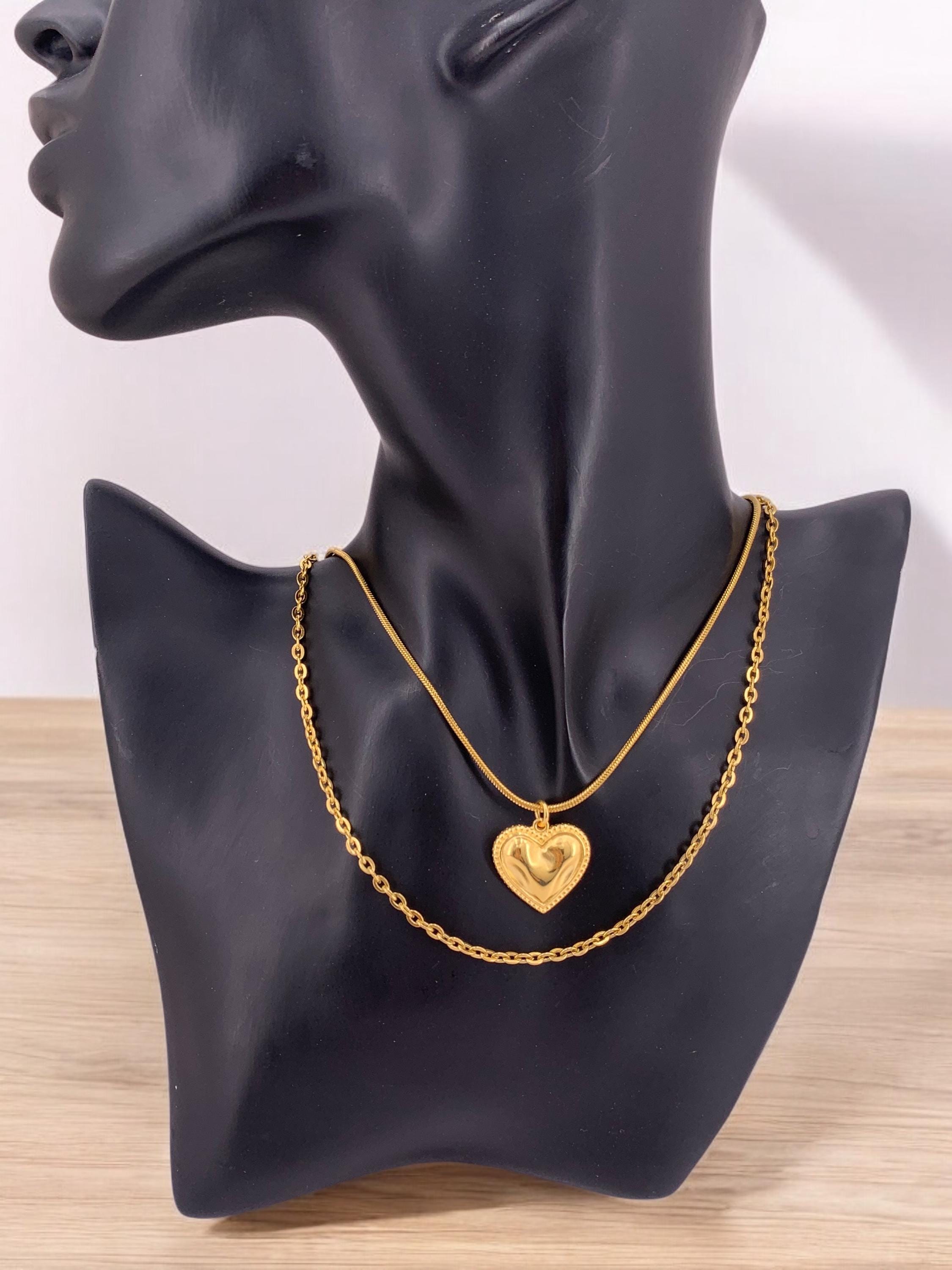 Double strand hammered heart pendant necklace, gold layering necklace, double layer gold chain necklace, bohemian necklace, gift for women