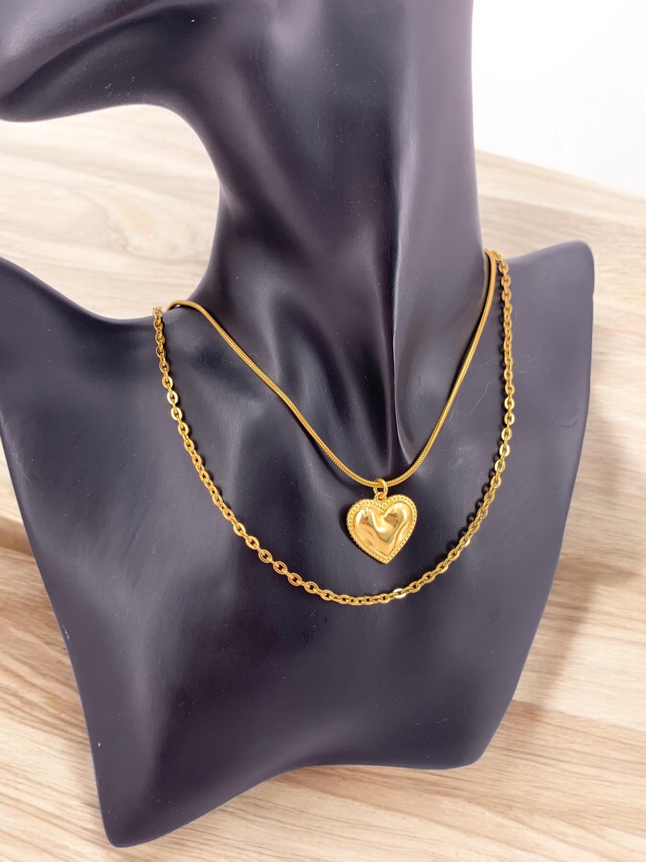Double strand hammered heart pendant necklace, gold layering necklace, double layer gold chain necklace, bohemian necklace, gift for women