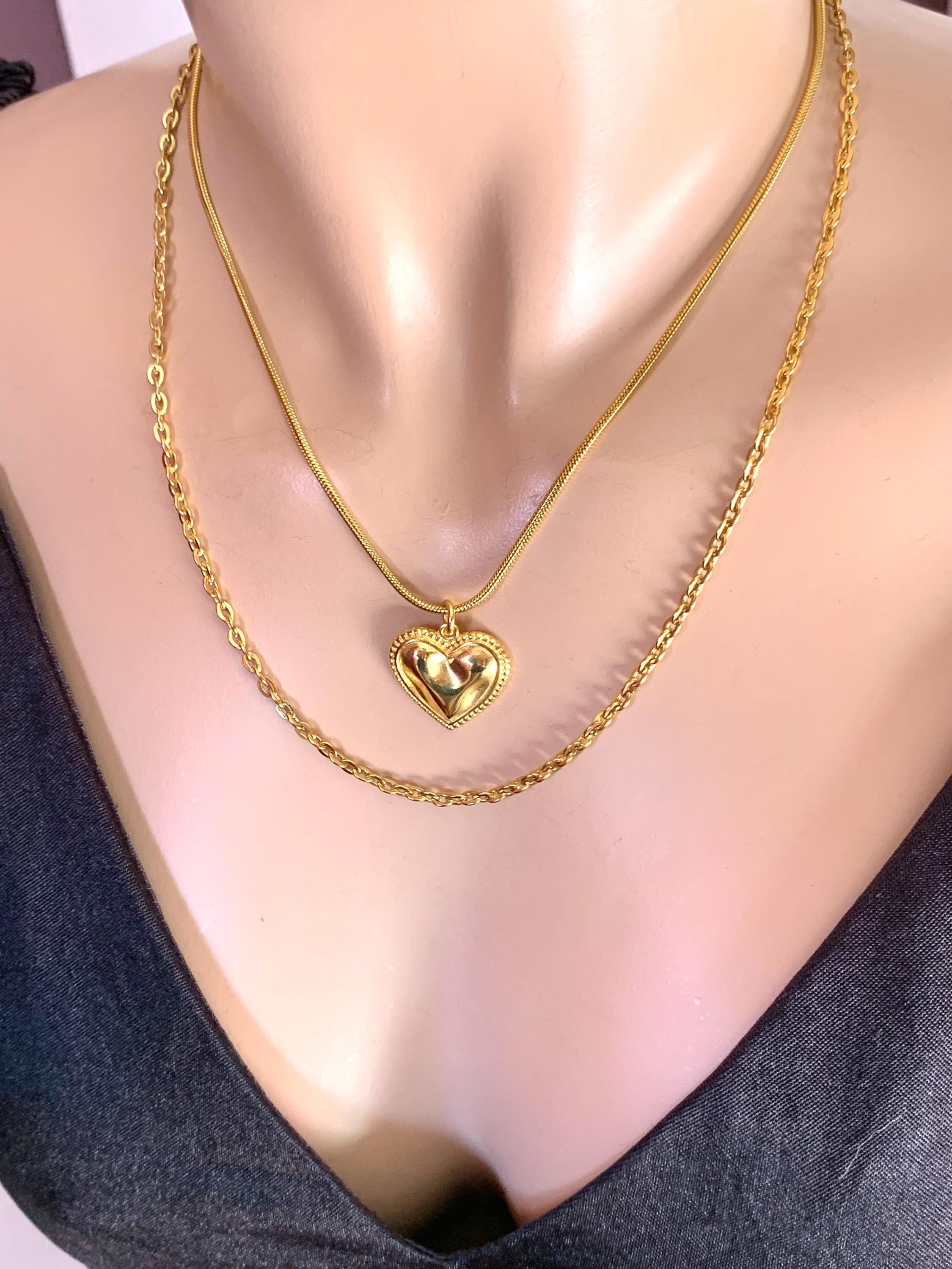 Double strand hammered heart pendant necklace, gold layering necklace, double layer gold chain necklace, bohemian necklace, gift for women