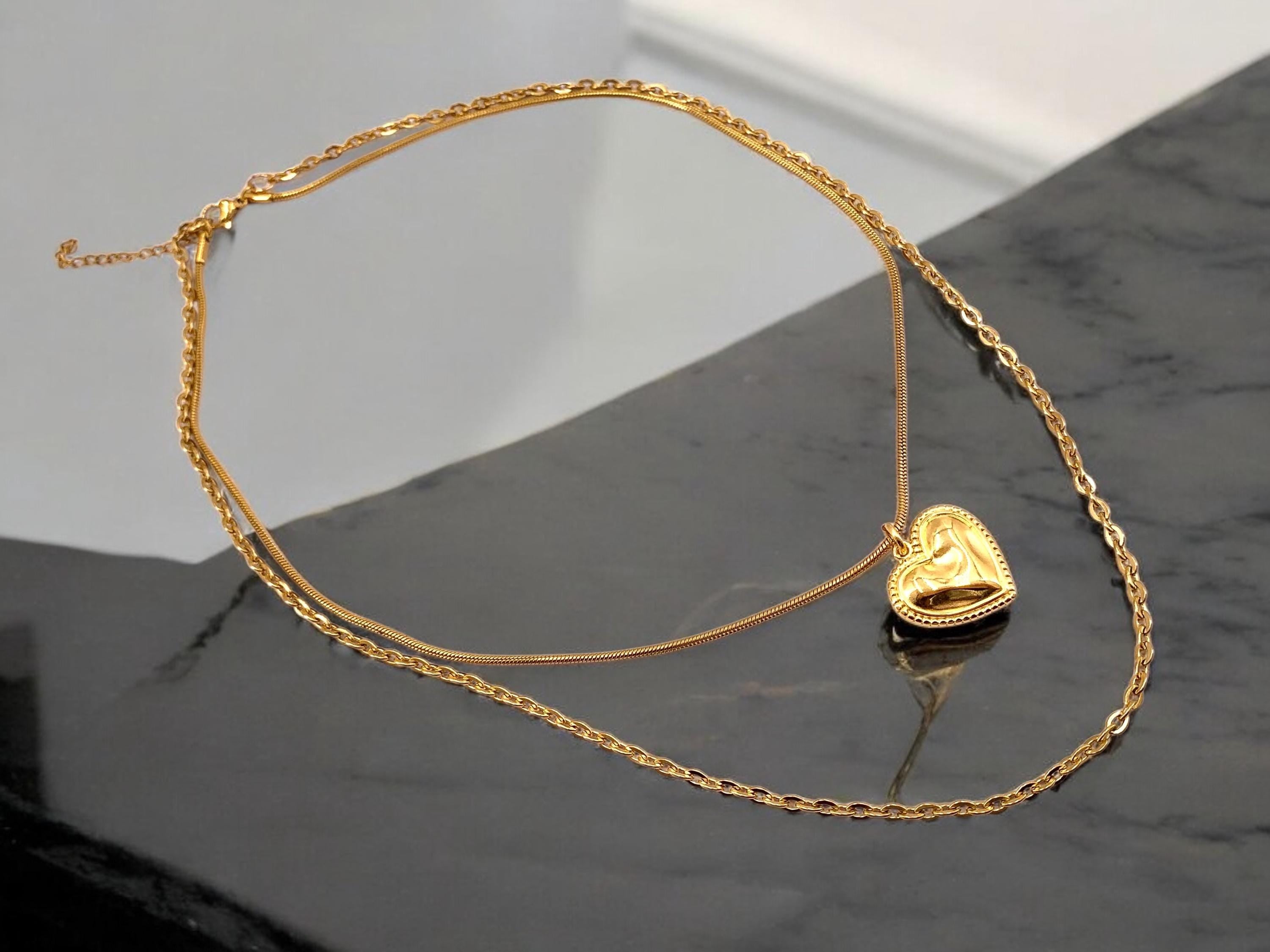 Double strand hammered heart pendant necklace, gold layering necklace, double layer gold chain necklace, bohemian necklace, gift for women