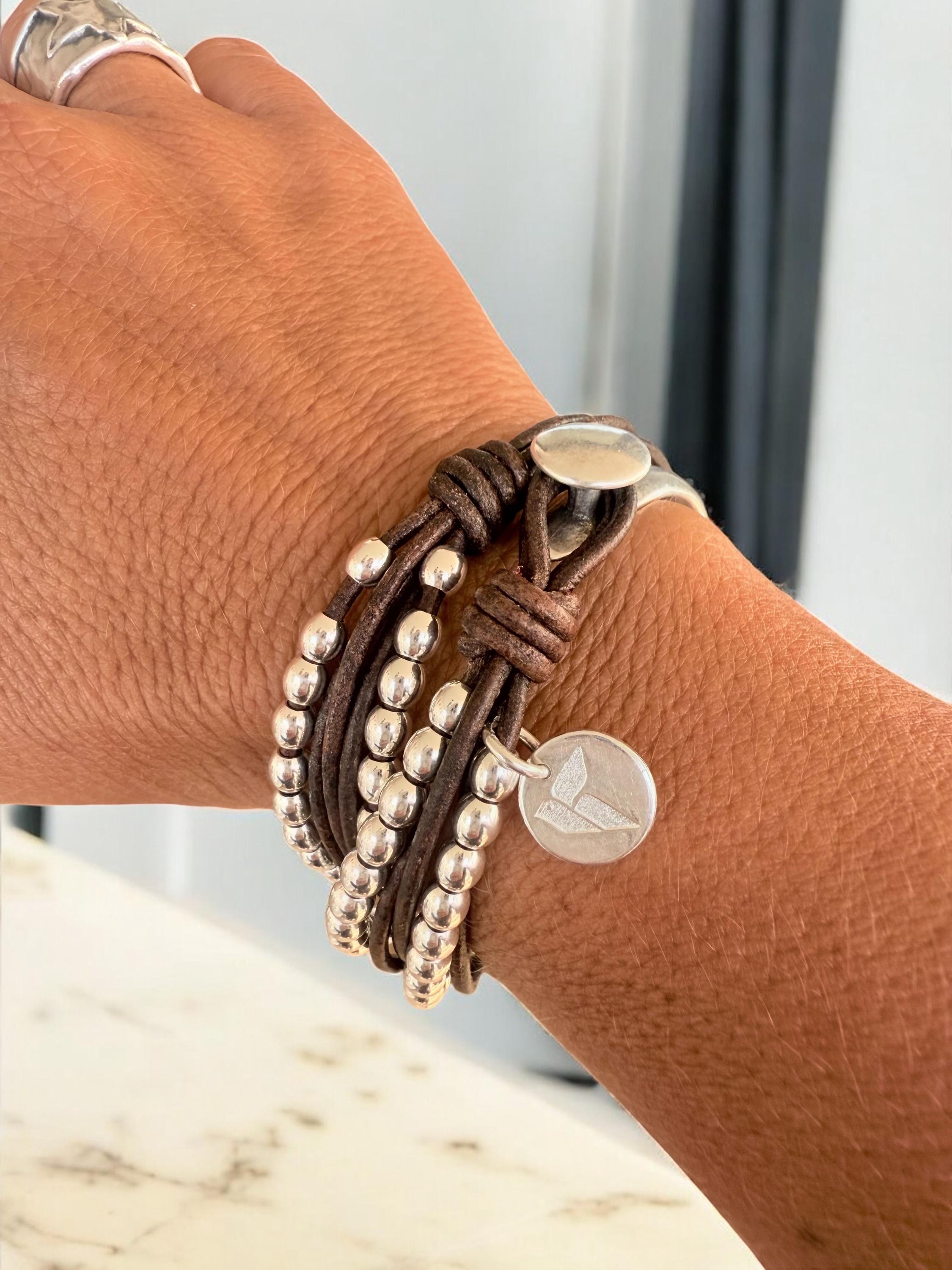 Layered Leather & Silver Beaded Wrap Bracelet – Handmade Boho Cuff – chunky bold jewelry - tribal accessories- uno de 50 style