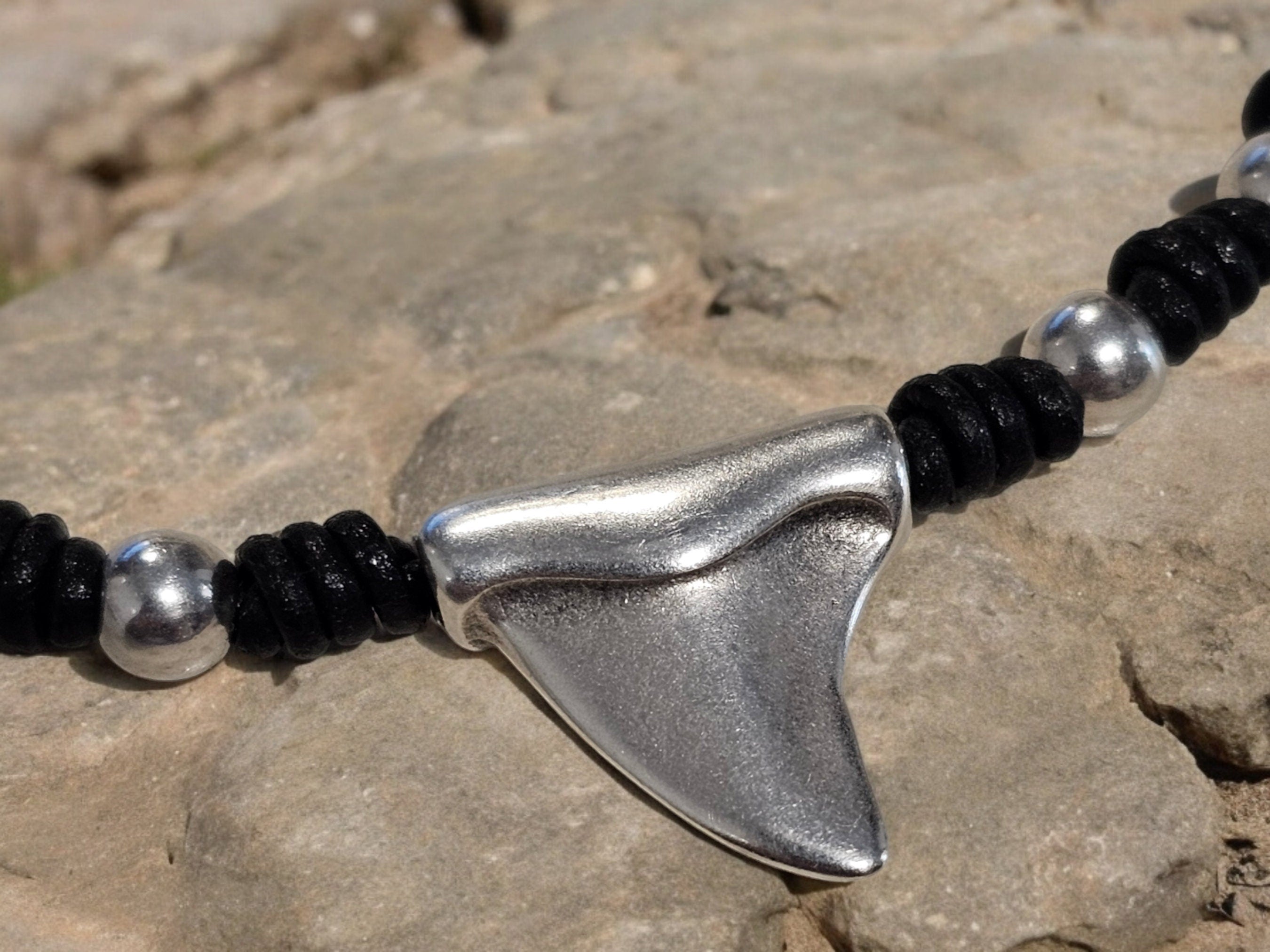 Men’s Beaded Leather Necklace with Shark Tooth Pendant – Boho Knotted Design – Handmade Gift – Made to Measure- exclusive design by Kukuri