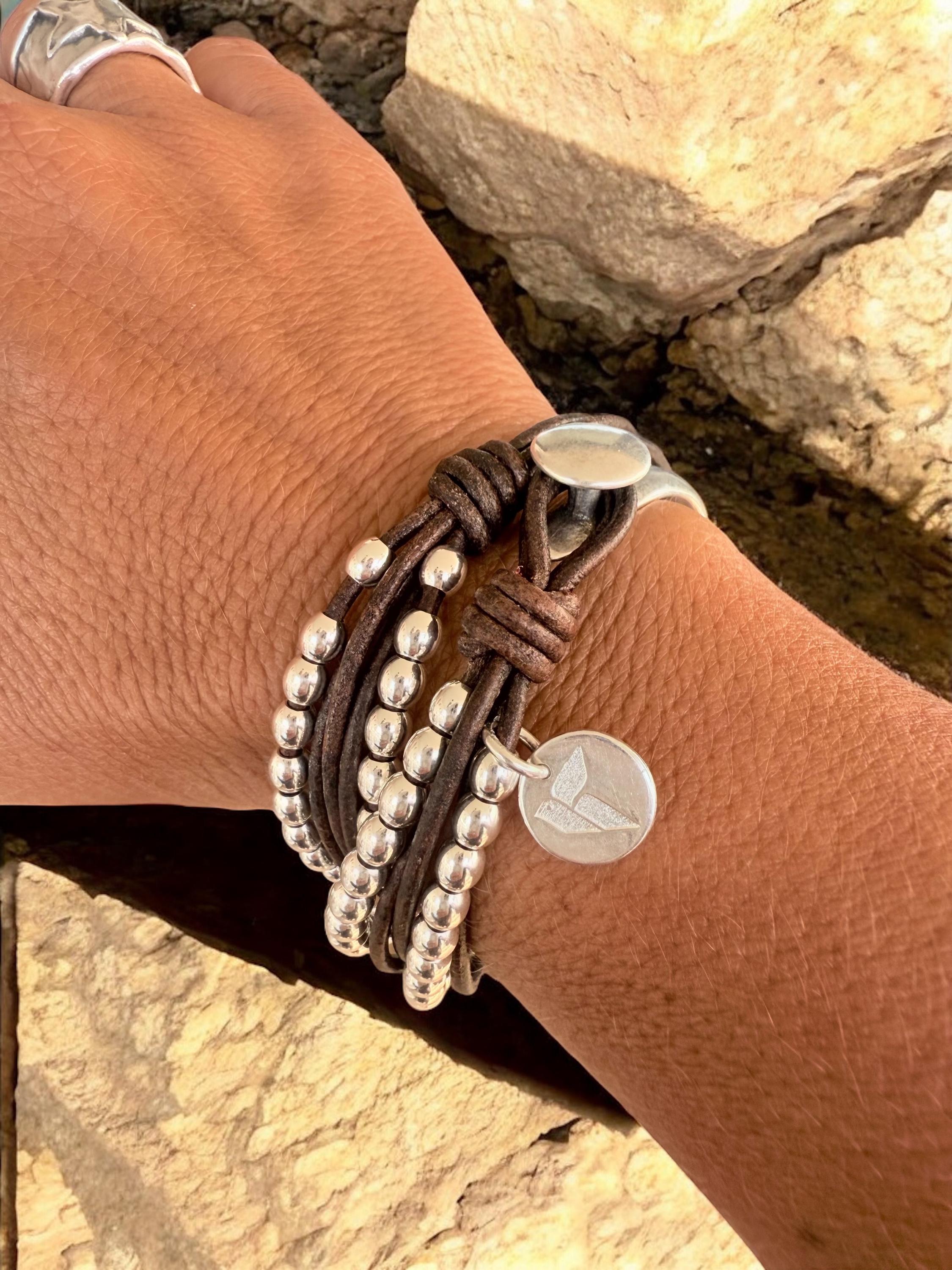 Layered Leather & Silver Beaded Wrap Bracelet – Handmade Boho Cuff – chunky bold jewelry - tribal accessories- uno de 50 style