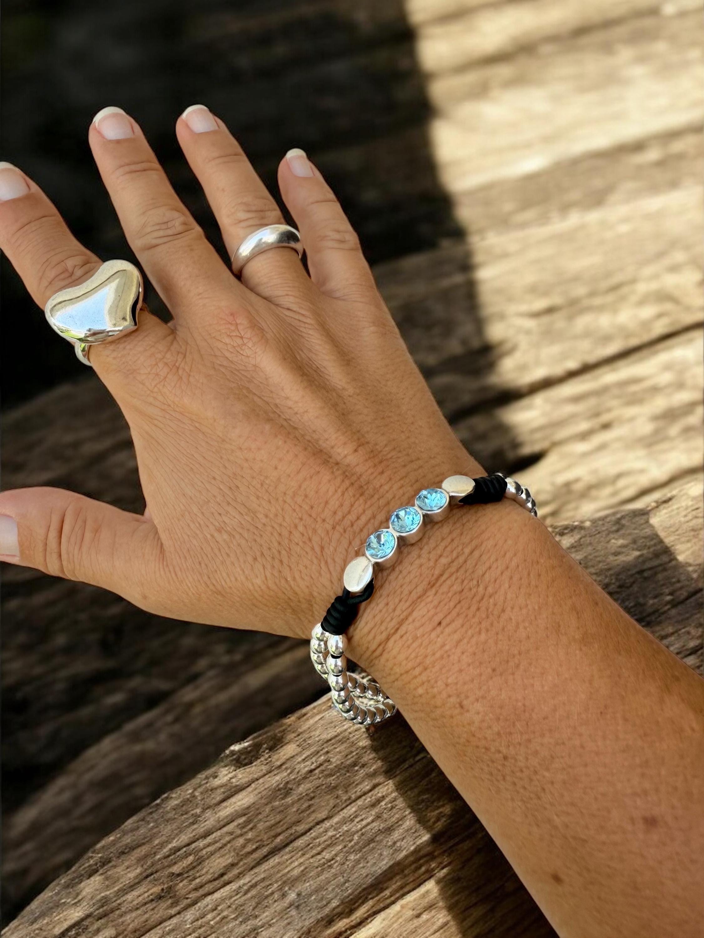 silver beads leather bracelet for women which Swarovski crystals, handmade bohemian beaded leather bracelet, chunky silver bracelet, gift