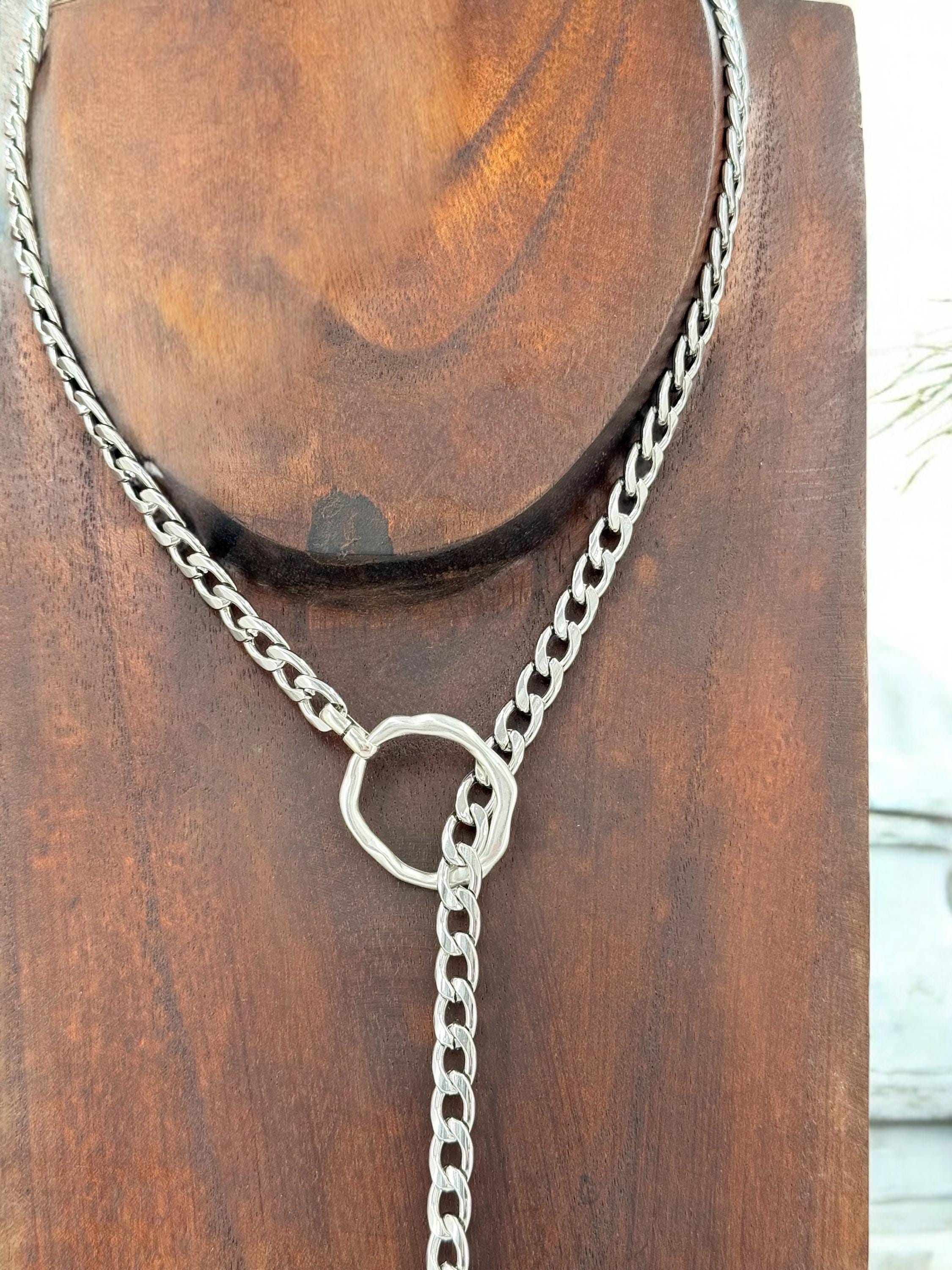 Silver antique adjustable chain Y necklace, chunky chain silver lariat necklace, teardrop pendant layering necklace, uno de 50 style,