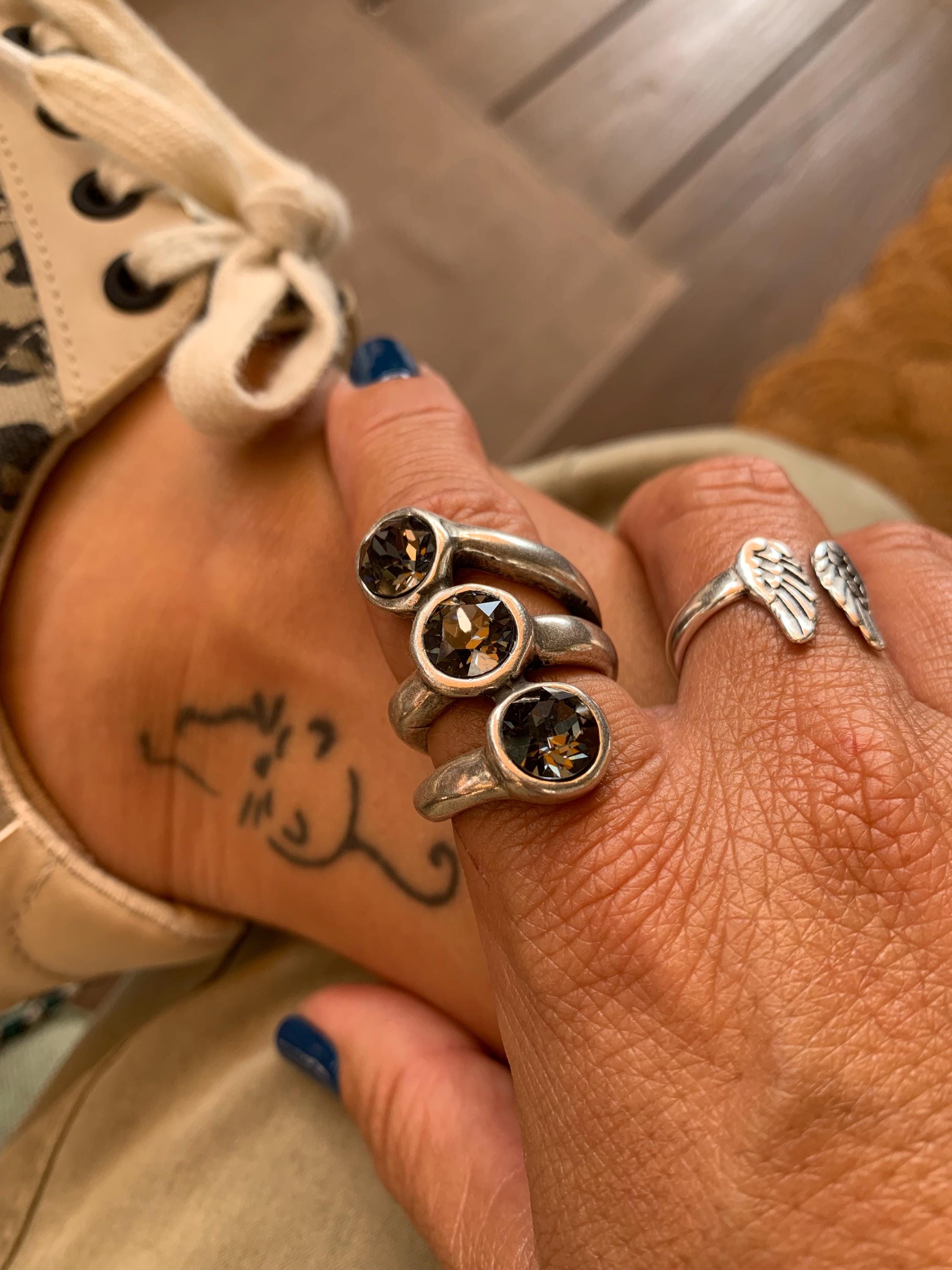 Triple layer wide and chunky silver ring with swarovski crystals, catching-eye statement thick brilliant ring, spectacular gift for women