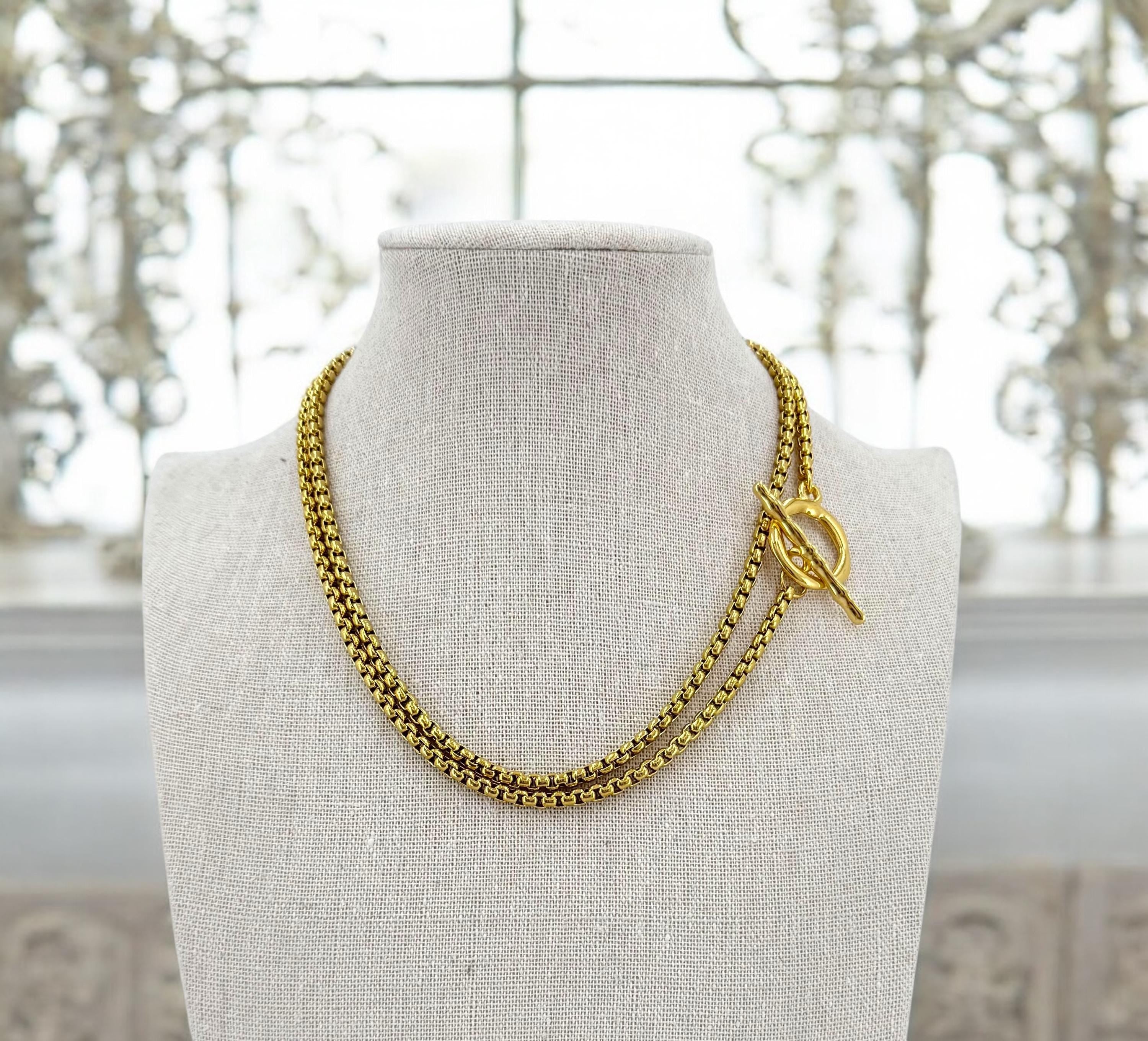 long gold chunky chain necklace, Layering gold chain necklace with toggle clasp, chunky necklace, adjustable double strand necklace, gift