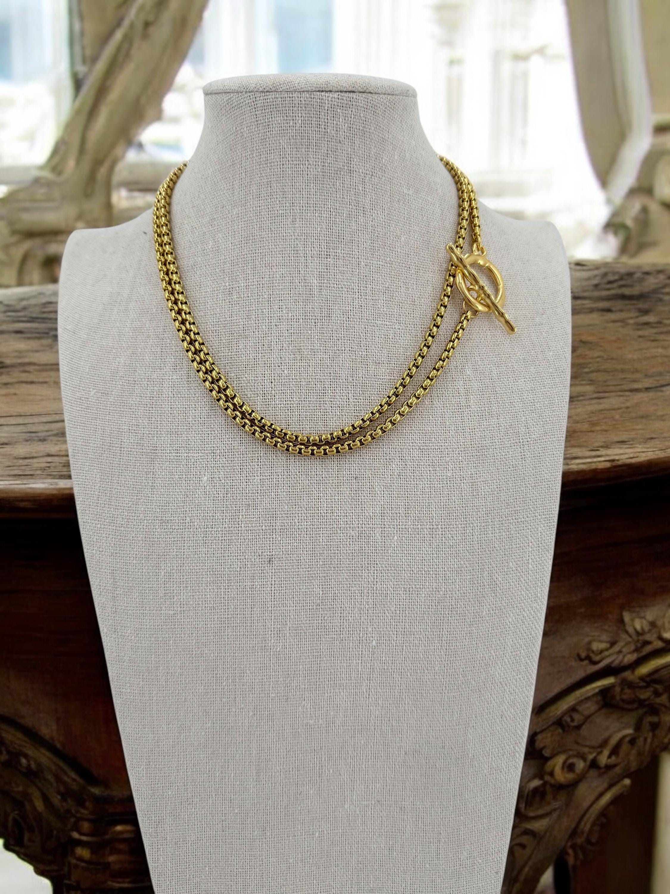 long gold chunky chain necklace, Layering gold chain necklace with toggle clasp, chunky necklace, adjustable double strand necklace, gift