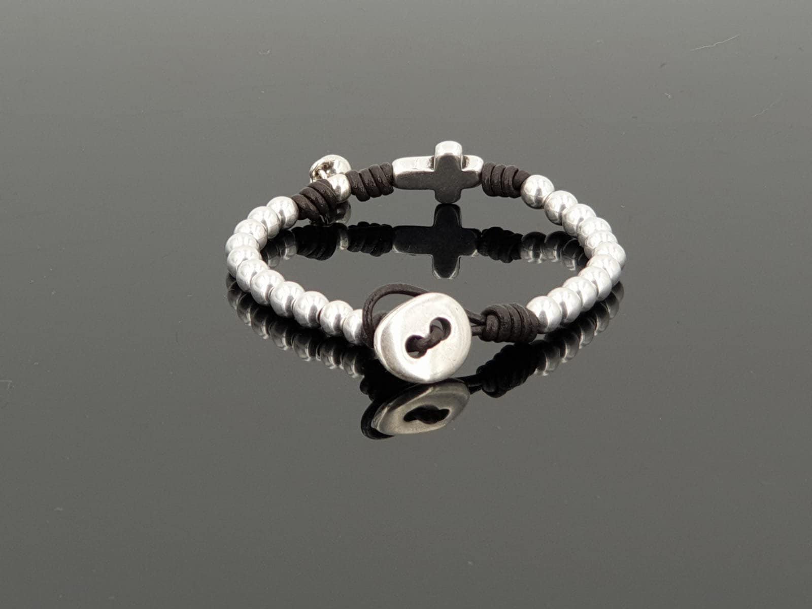 Silver Cross Beaded Bracelet: Leather Tribal Bohemian Jewelry