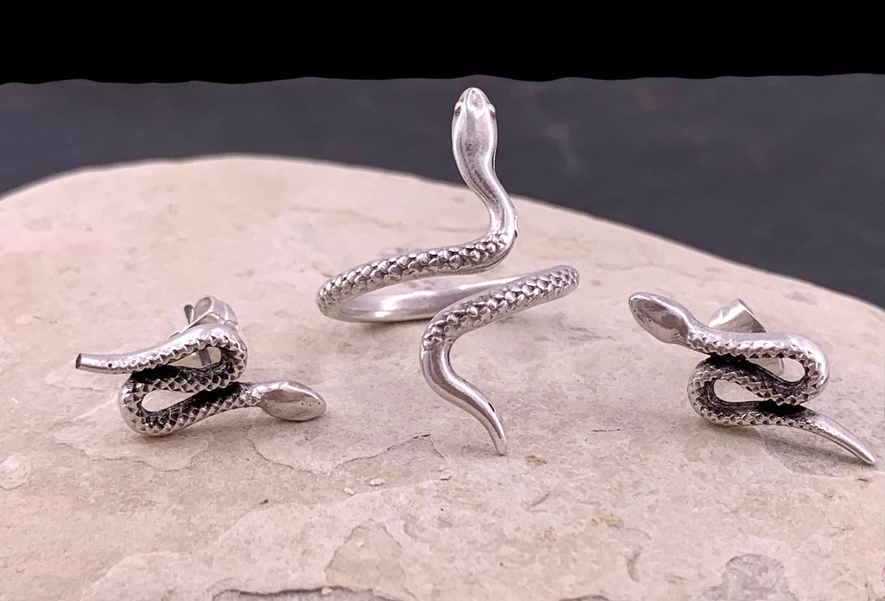 Silver Snake Earrings – Coiled Serpent Design – Hypoallergenic Surgical Steel Pin – Symbolic Unisex Jewelry – 3.5 cm - boho rock style