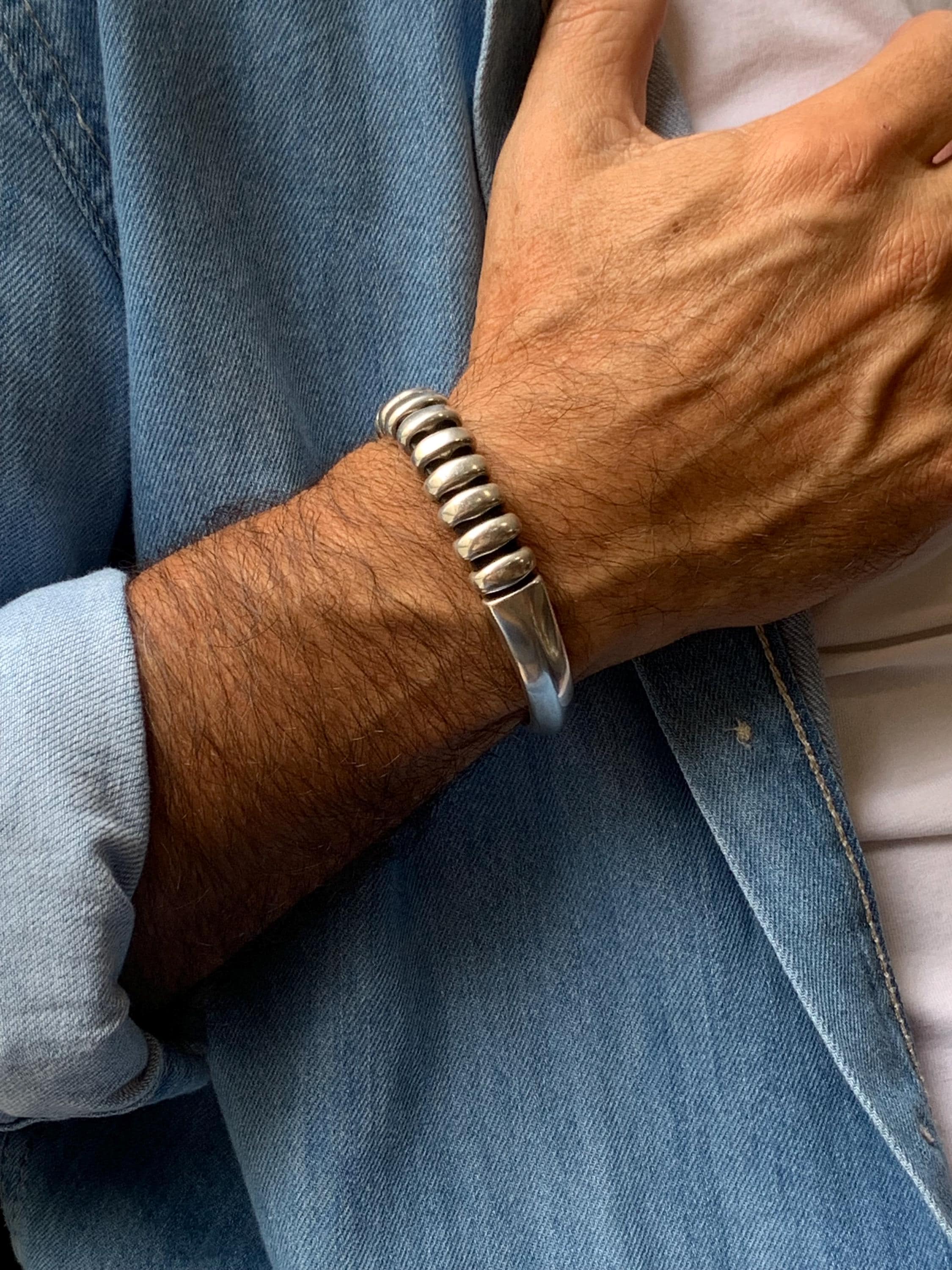 Men's silver metal heavy bracelet, men chunky bracelet, thick silver bracelet for men, striking voluminous bracelet, unique men gift idea