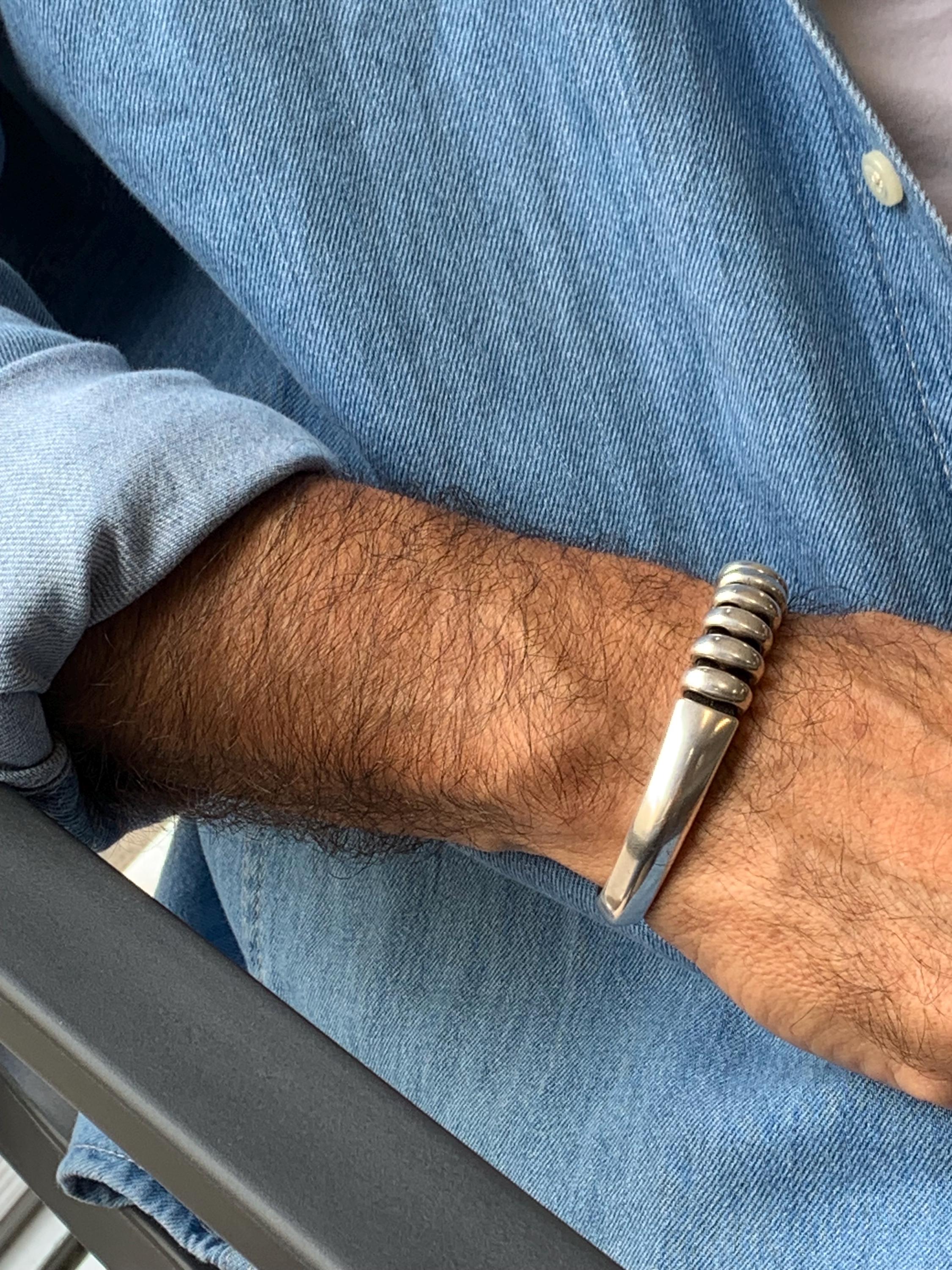 Men's silver metal heavy bracelet, men chunky bracelet, thick silver bracelet for men, striking voluminous bracelet, unique men gift idea