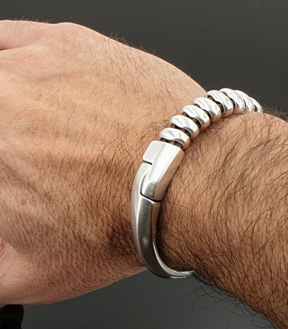 Men's silver metal heavy bracelet, men chunky bracelet, thick silver bracelet for men, striking voluminous bracelet, unique men gift idea