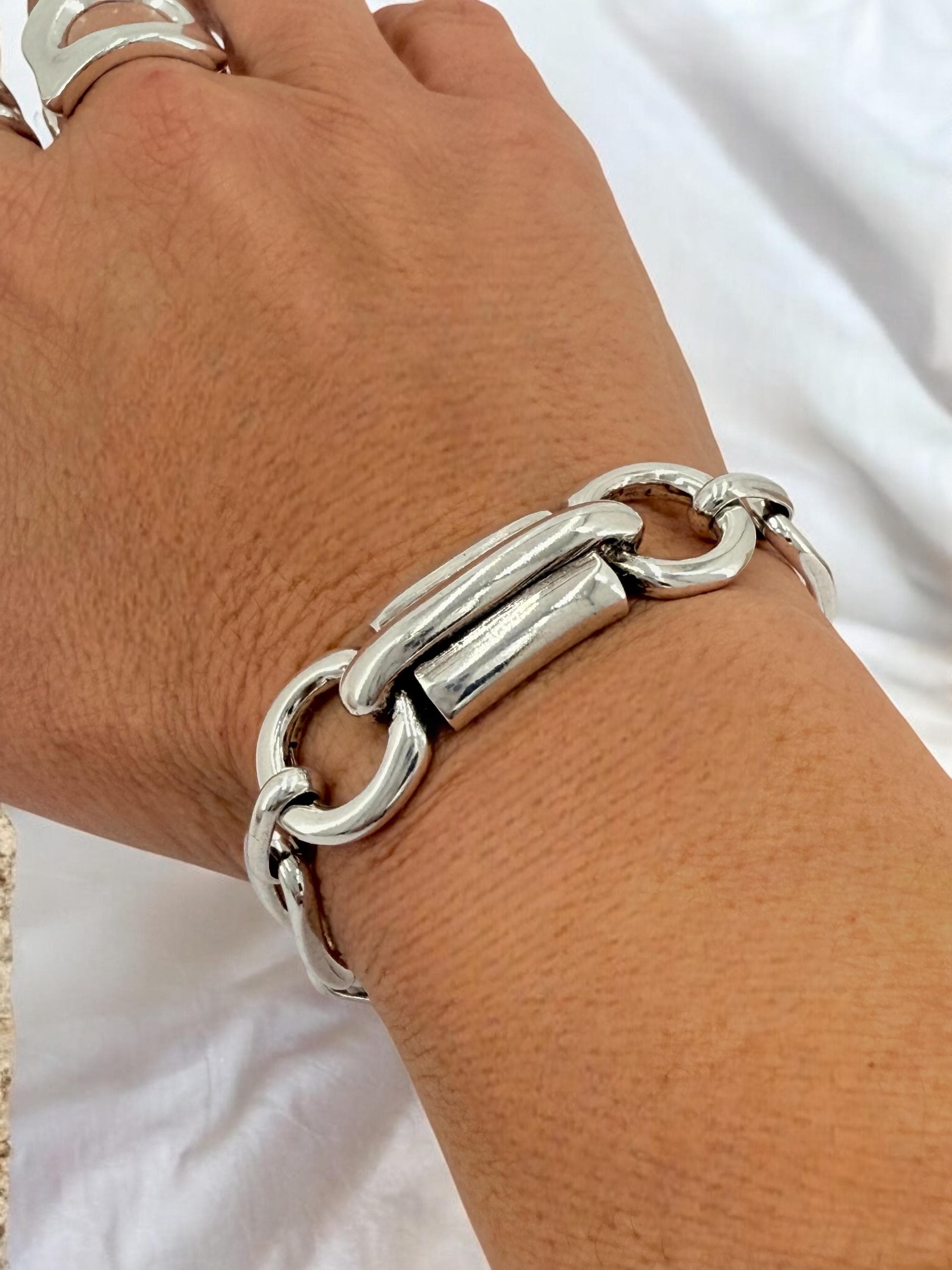 Chunky silver bracelet, bold link bracelet, thick chain bracelet, statement boho bracelet, uno de 50 style, bracelet, women birthday gift