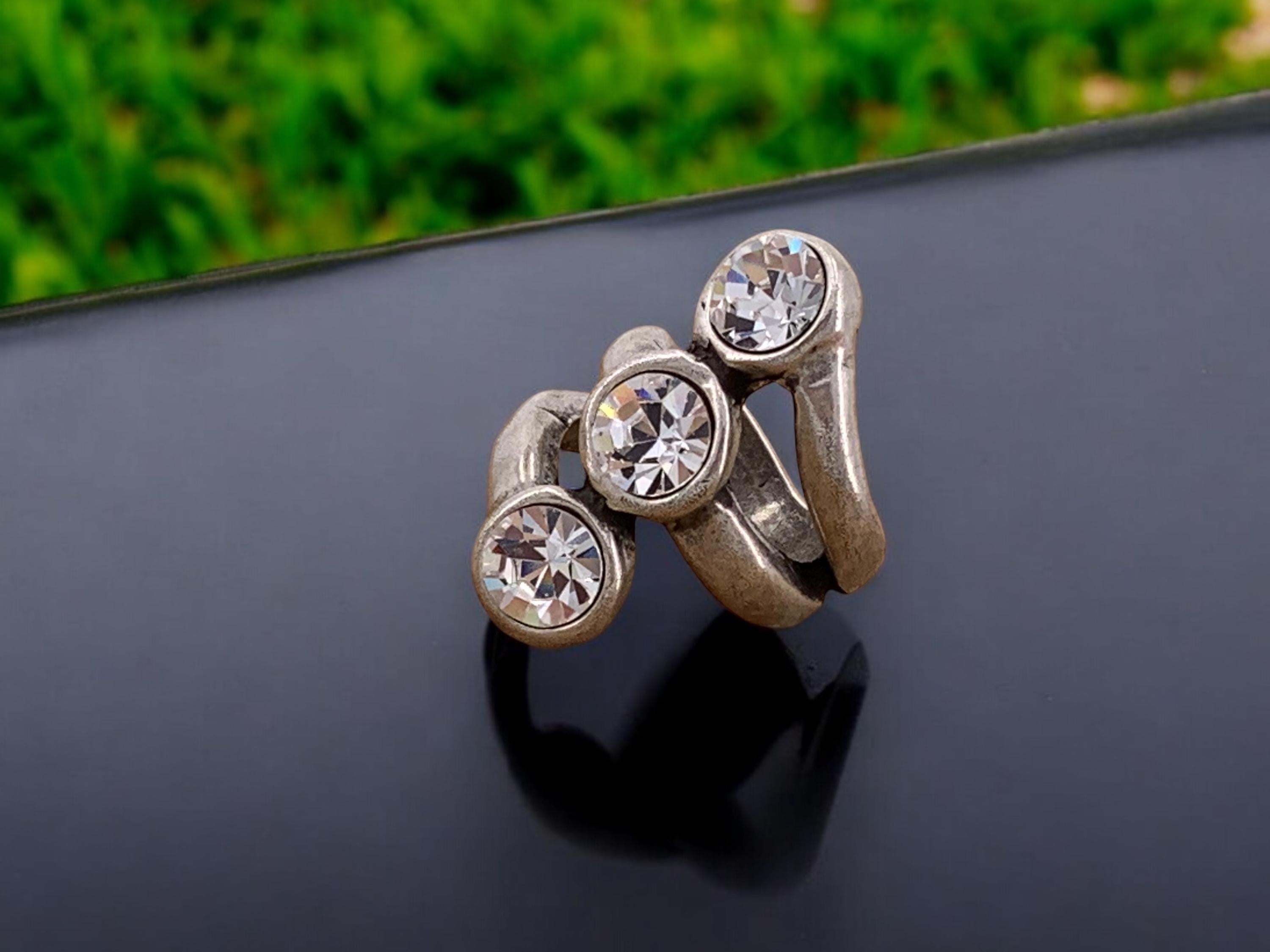 Chunky Antique Silver Swarovski Crystal Ring - Size 8