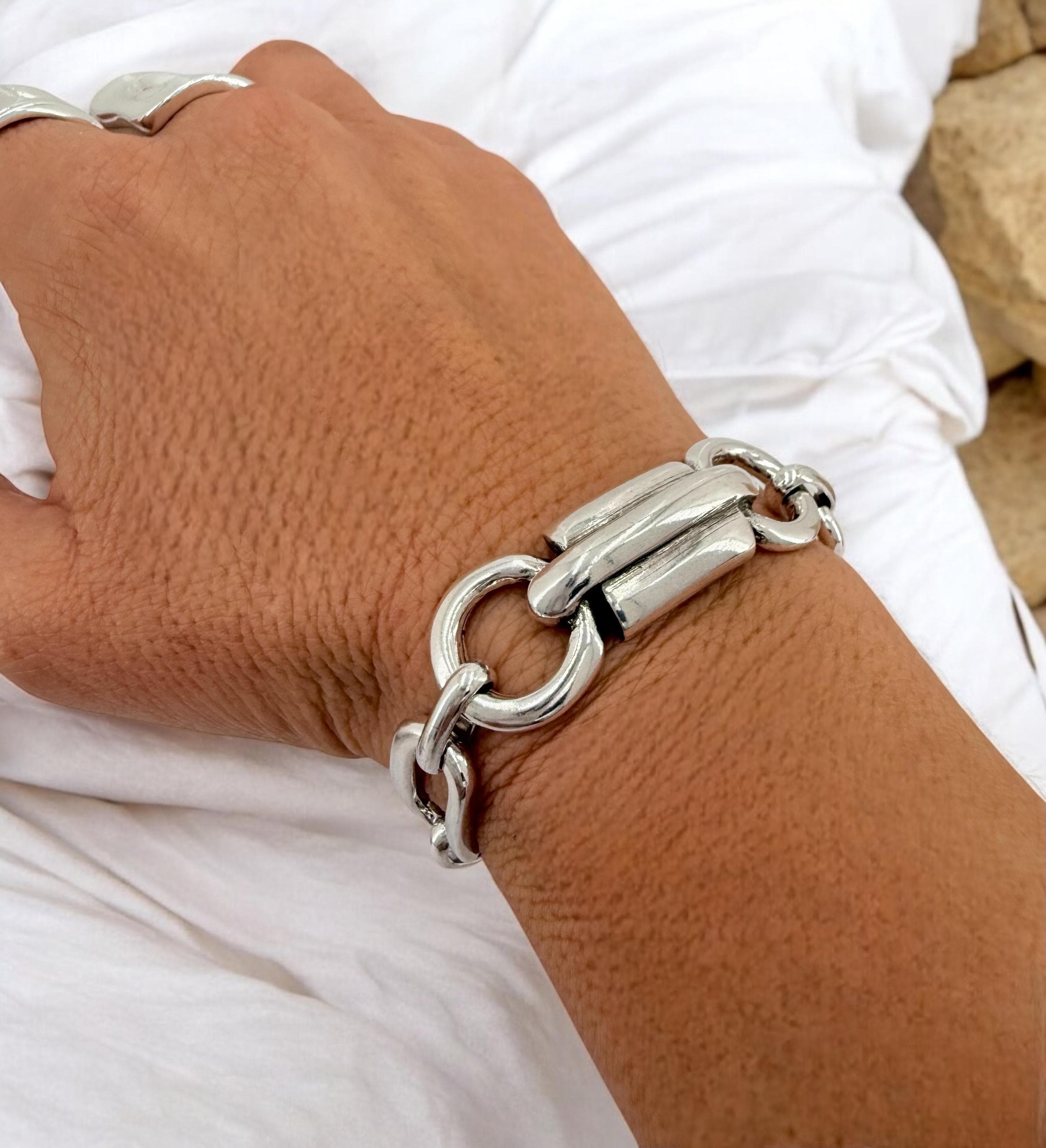 Chunky silver bracelet, bold link bracelet, thick chain bracelet, statement boho bracelet, uno de 50 style, bracelet, women birthday gift