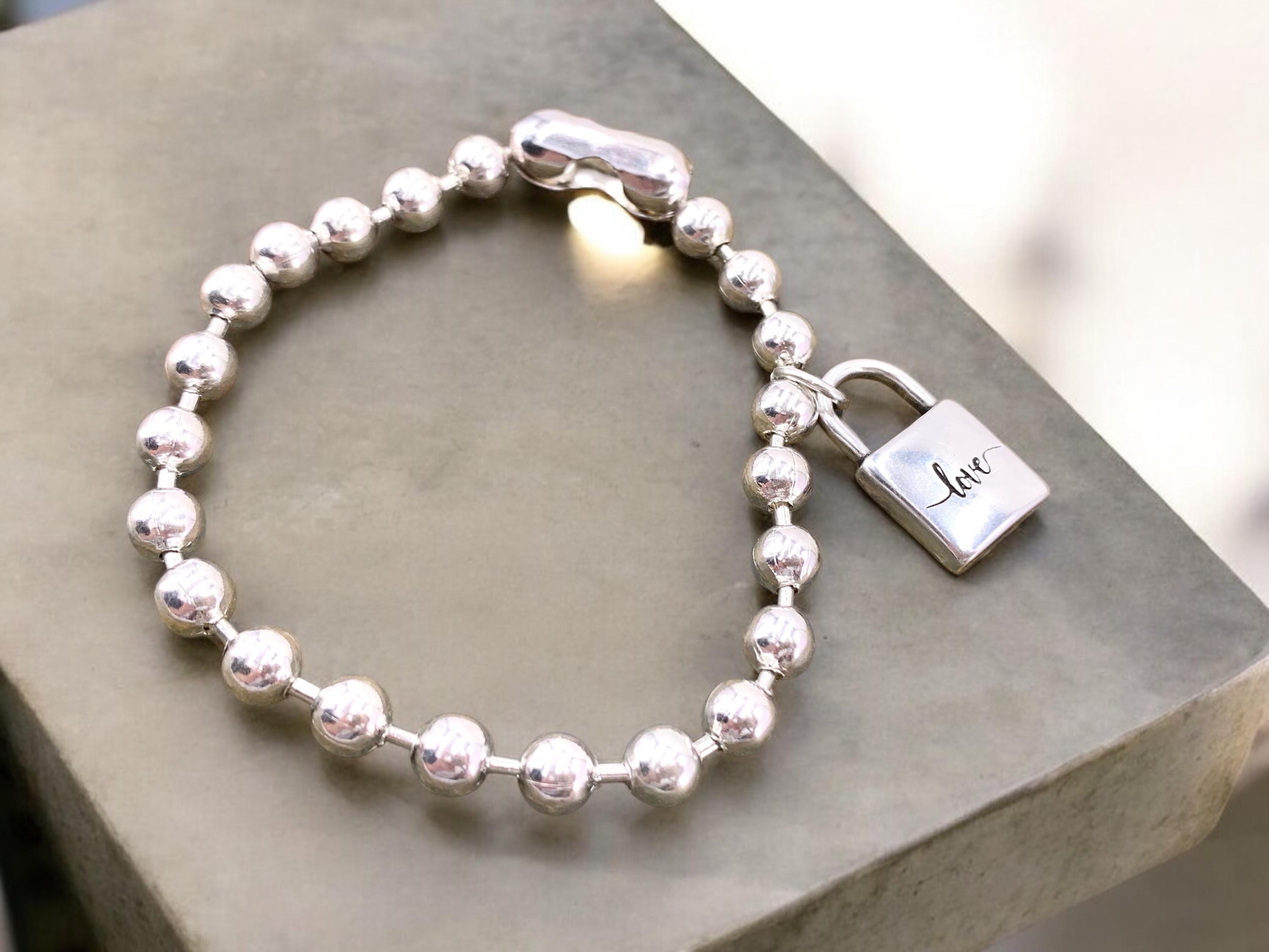 Handmade Silver Beaded Bracelet with 6mm Ball Chain and Padlock Charm – Modern Sculptural Style, Custom Length, perfect women gift