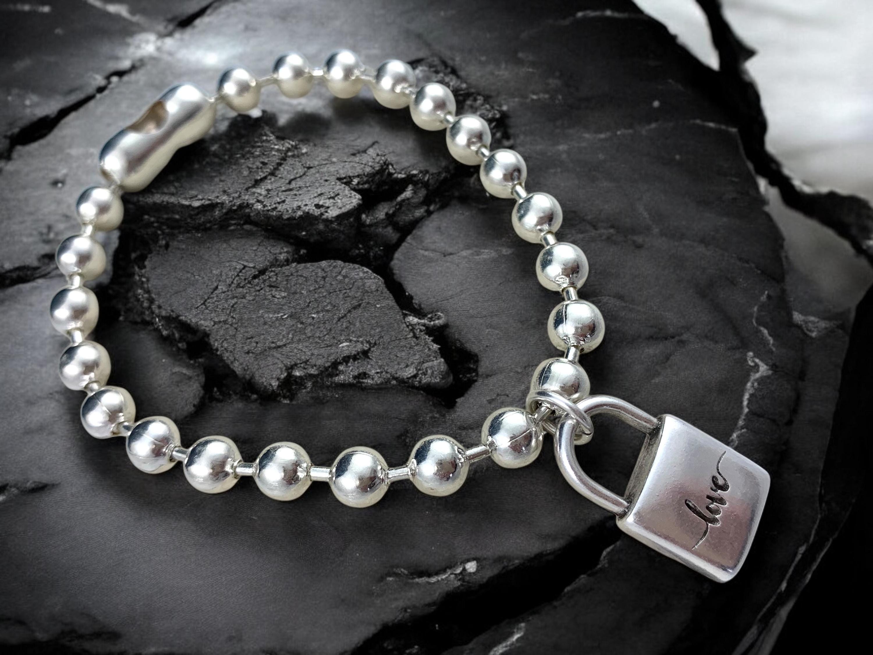 Handmade Silver Beaded Bracelet with 6mm Ball Chain and Padlock Charm – Modern Sculptural Style, Custom Length, perfect women gift