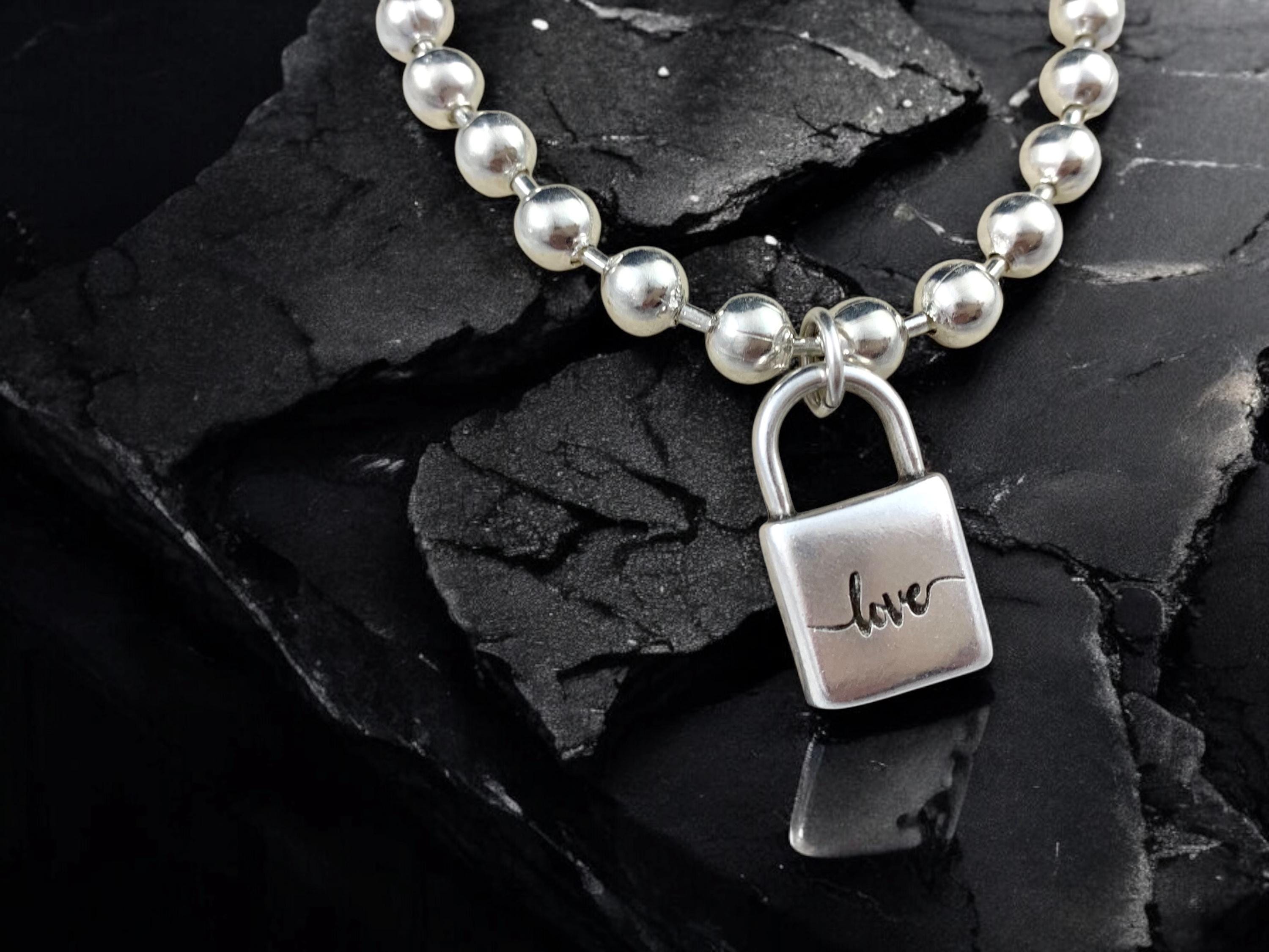 Handmade Silver Beaded Bracelet with 6mm Ball Chain and Padlock Charm – Modern Sculptural Style, Custom Length, perfect women gift